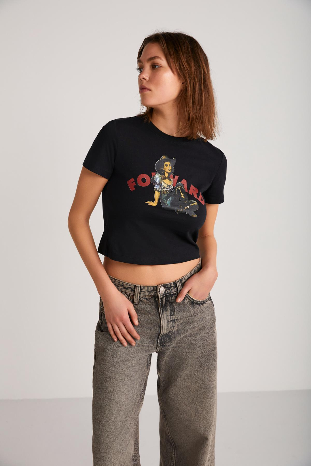 ICE Basic Crop Siyah Tekli T-Shirt