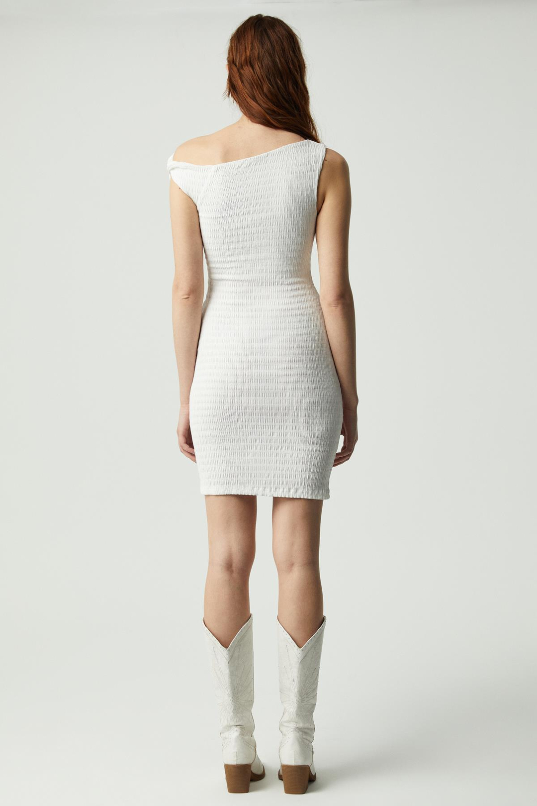 INNSA Kadın Bürümcük 3 boyutlu Kumaşlı Tek Omuzlu Bodycon Ekru Elbise