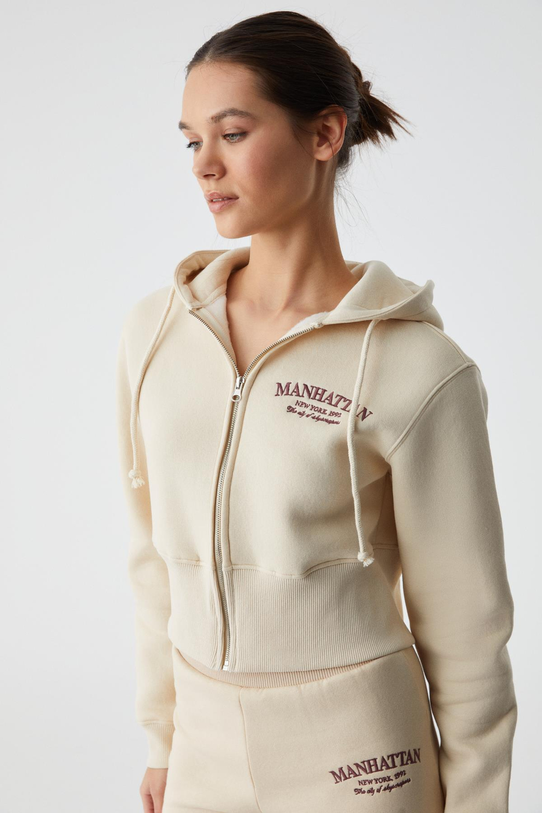 IRESSINE Kadın Kapüşonlu Fermuarlı Uzun Kollu Regular Taş Rengi Sweatshirt