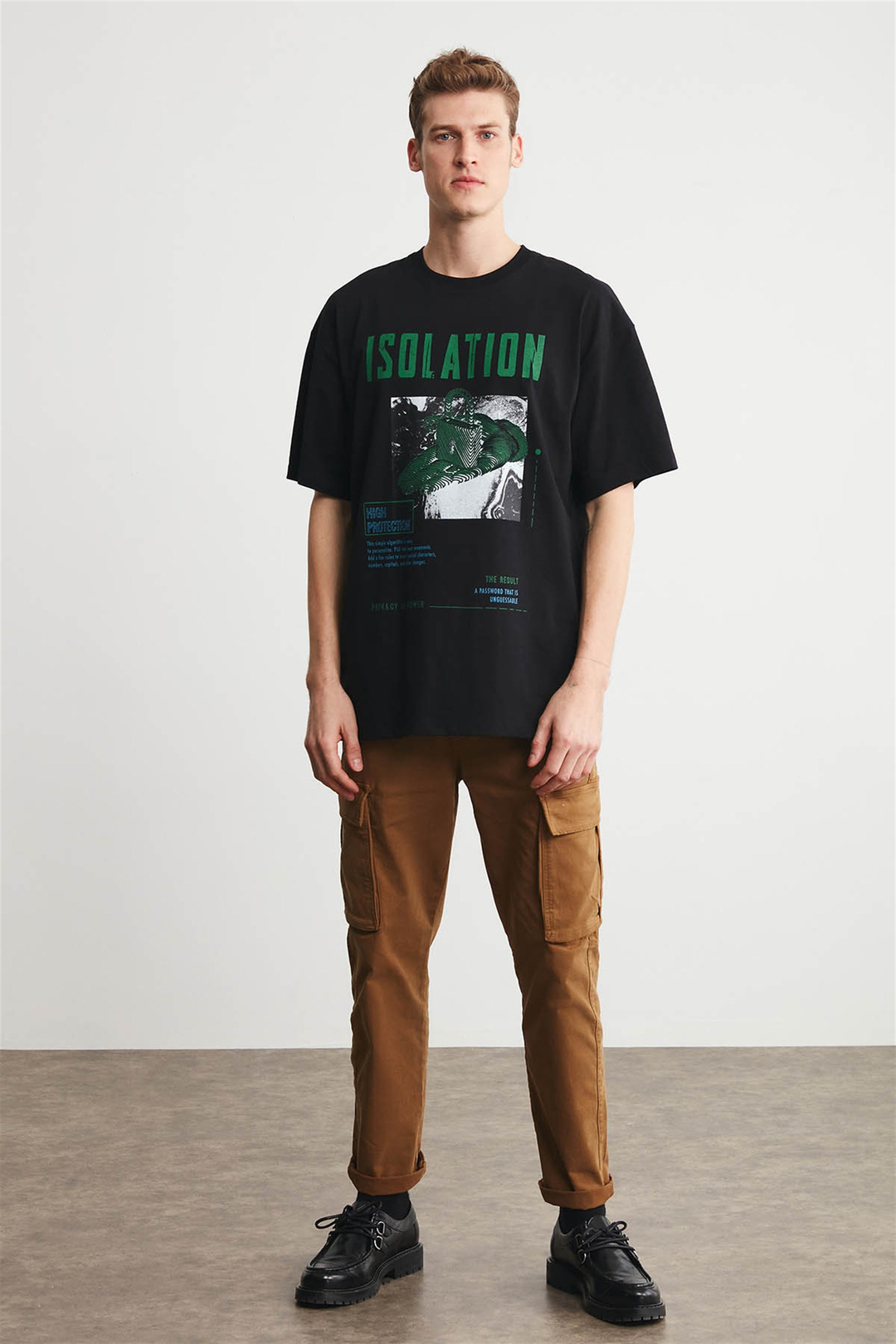 ISOLATION Erkek Siyah Baskılı Yuvarlak Yaka Oversıze T-Shirt