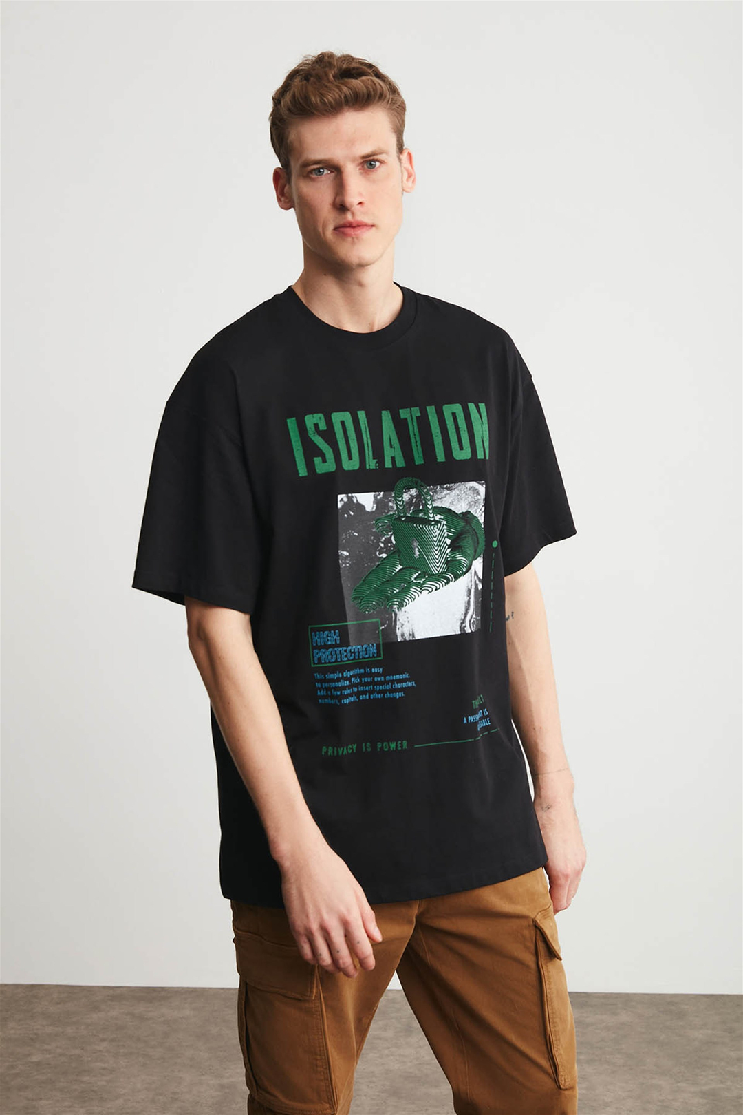 ISOLATION Erkek Siyah Baskılı Yuvarlak Yaka Oversıze T-Shirt