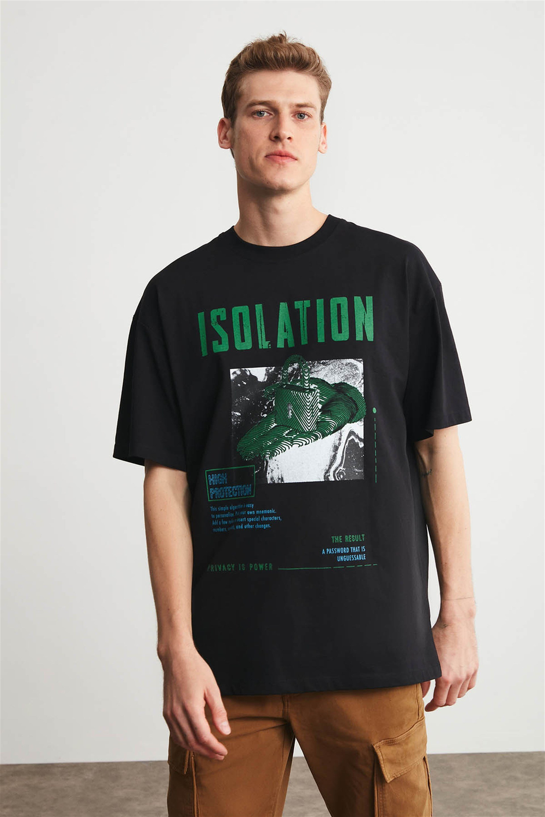 ISOLATION Erkek Siyah Baskılı Yuvarlak Yaka Oversıze T-Shirt
