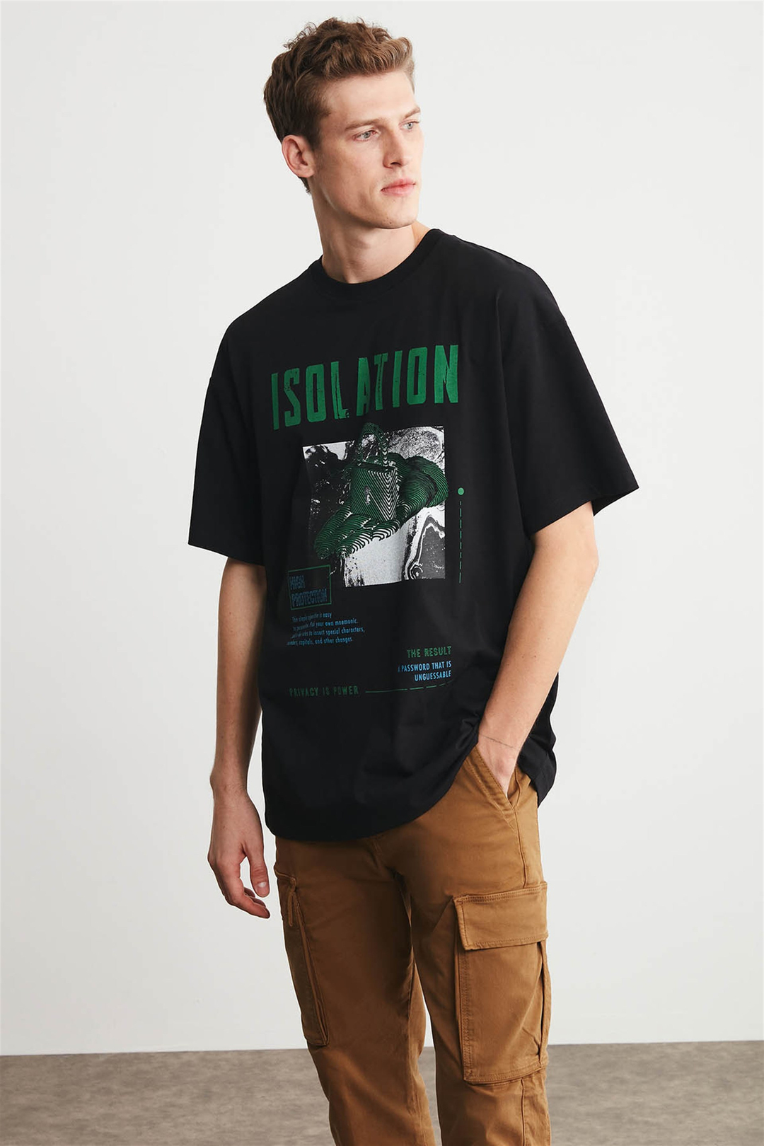 ISOLATION Erkek Siyah Baskılı Yuvarlak Yaka Oversıze T-Shirt