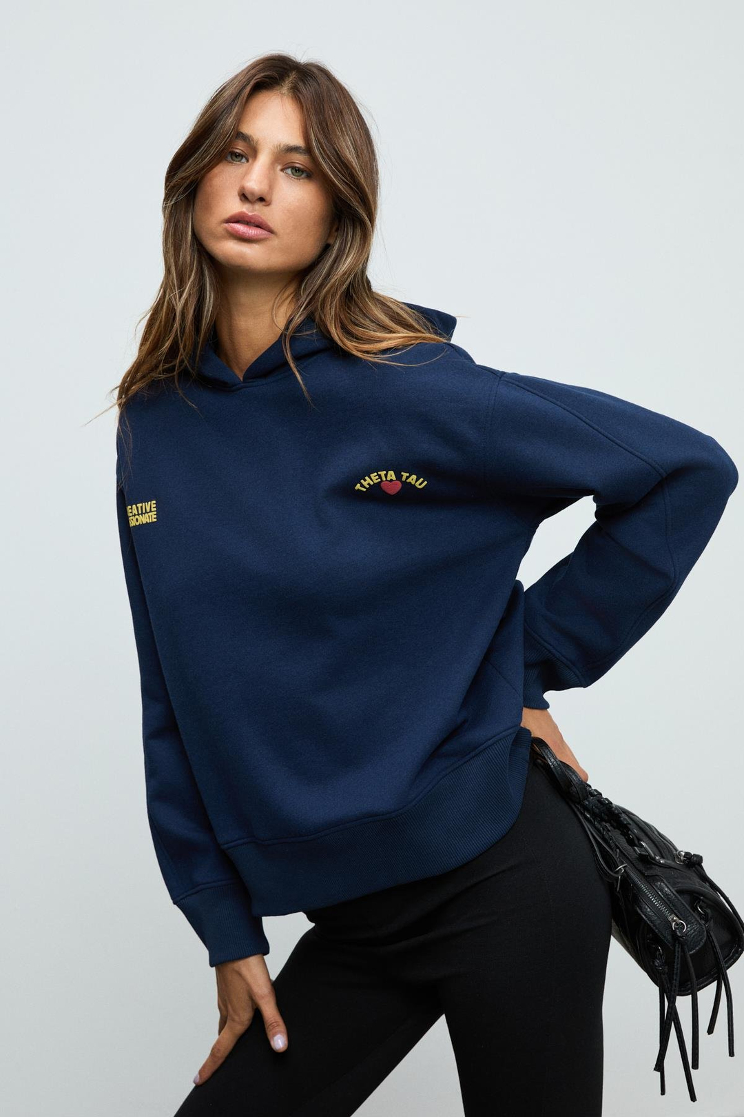 ISROP Kadın Yumuşak Kumaşlı Baskılı Kapüşonlu Lacivert Sweatshirt