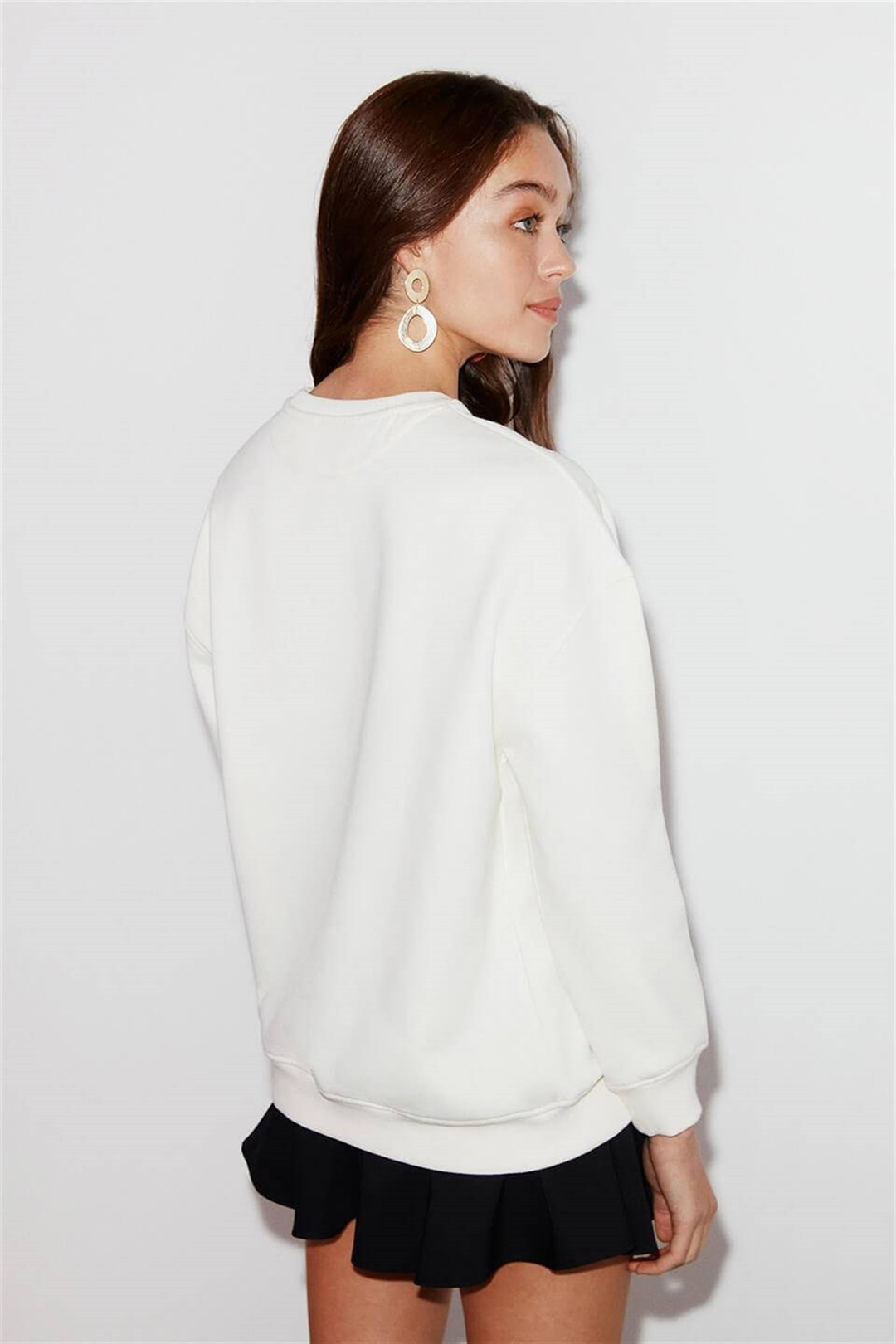 IVORY Kadın Ekru Baskılı Yuvarlak Yaka Oversize Sweatshirt