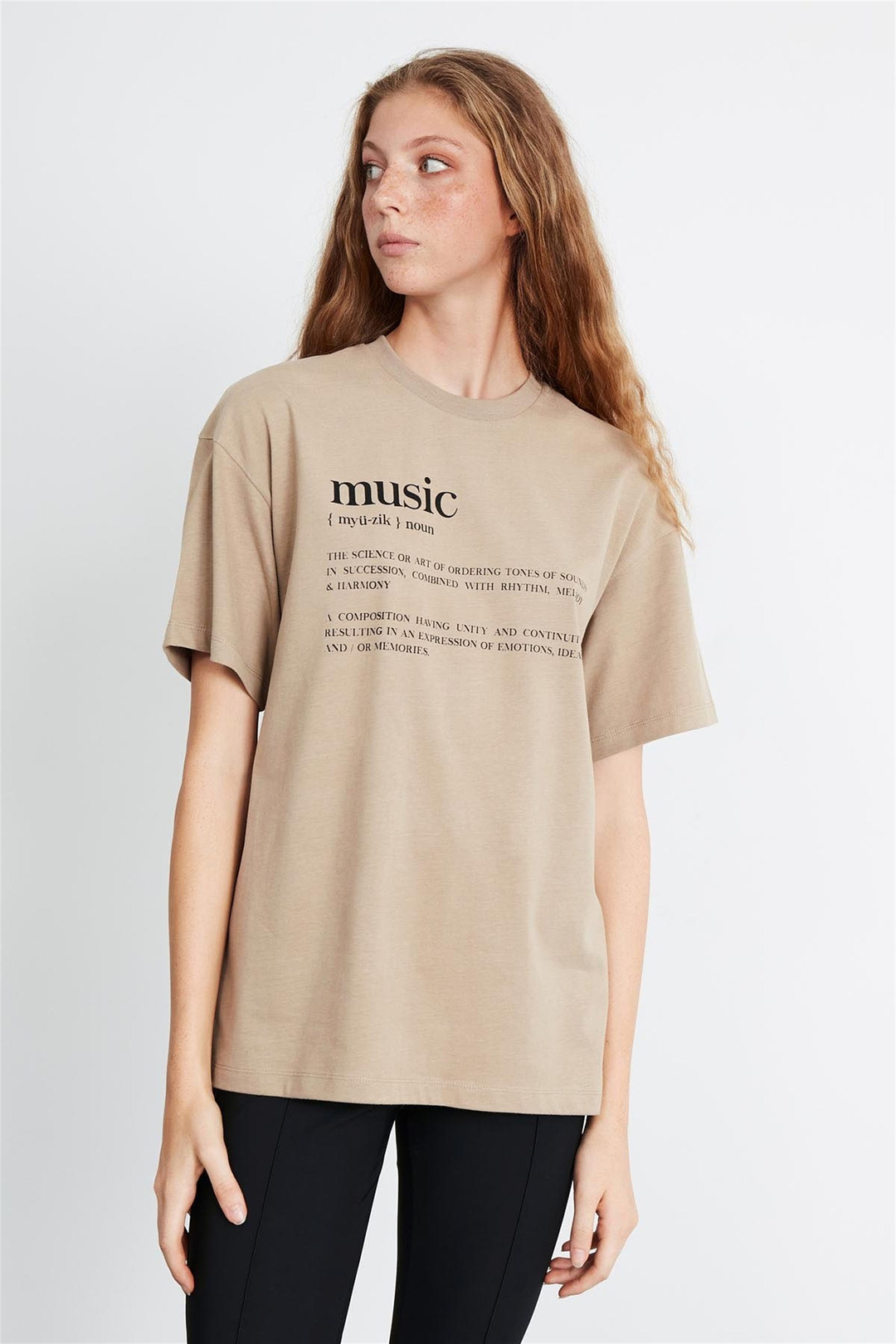 IVY Kadın Kahverengi Baskılı Yuvarlak Yaka Oversize T-Shirt