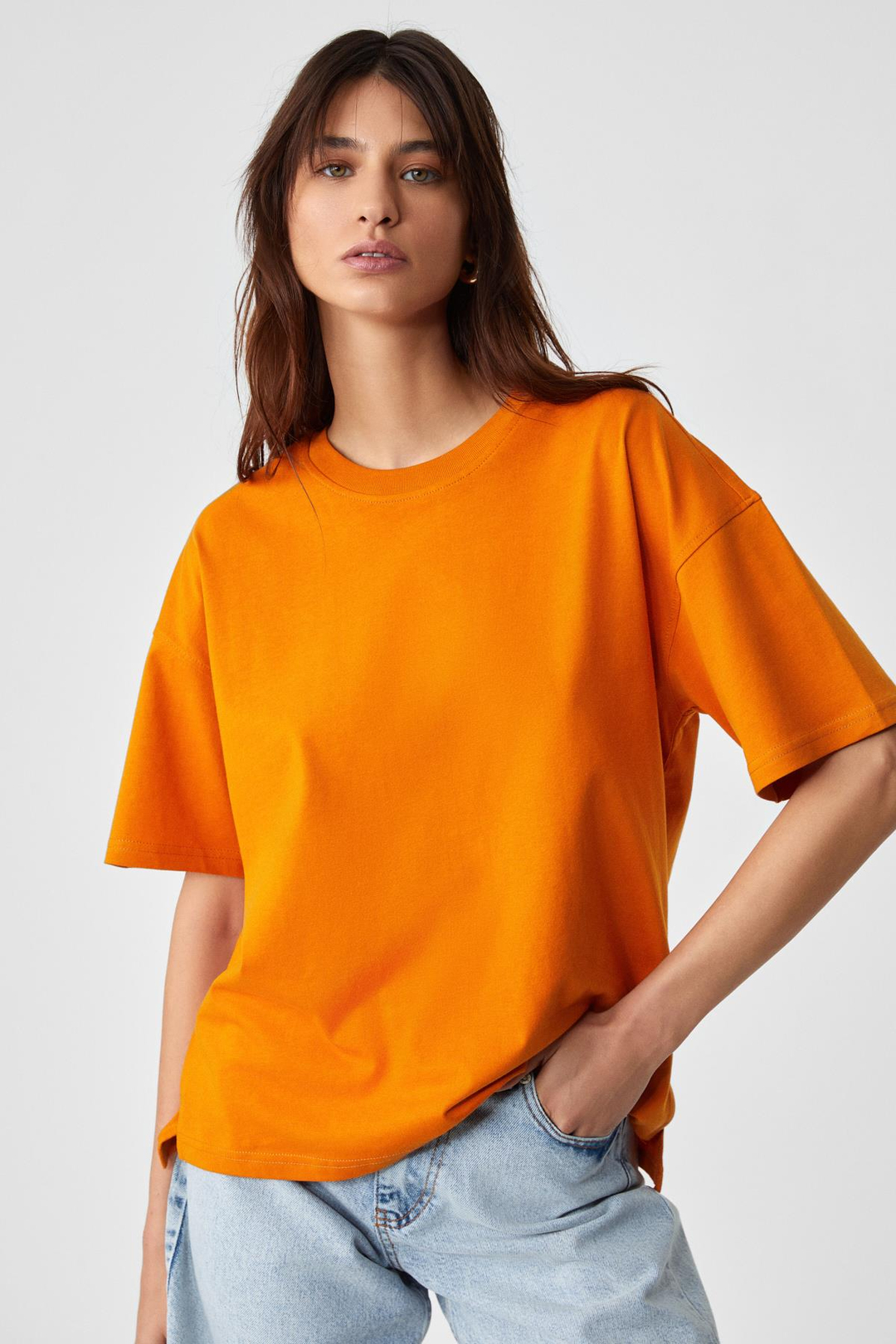 Jemmy Kadın %100 Organik Pamuk Relaxed Fit Yırtmaçlı Yuvarlak Yakalı Turuncu T-Shirt