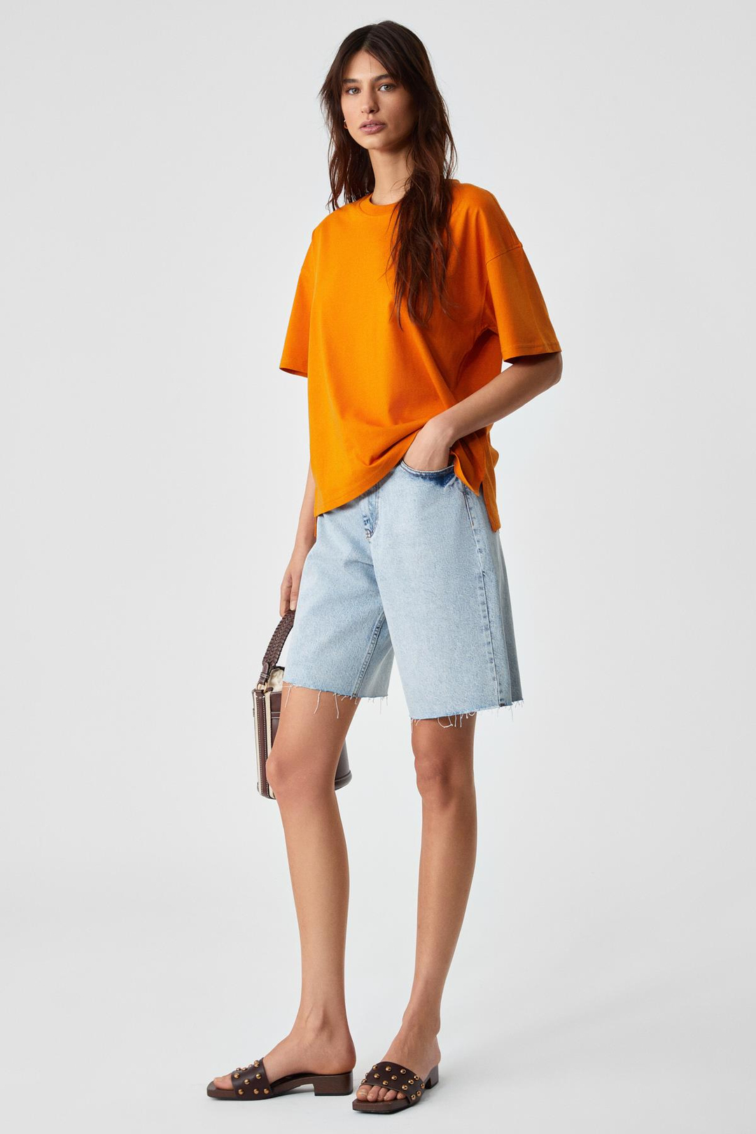 Jemmy Kadın %100 Organik Pamuk Relaxed Fit Yırtmaçlı Yuvarlak Yakalı Turuncu T-Shirt