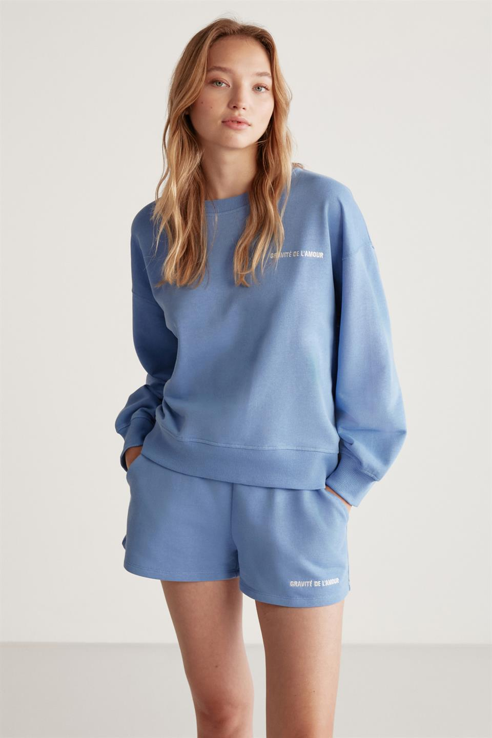 JENNIFER Örme Comfort Mavi Tekli Sweatshirt