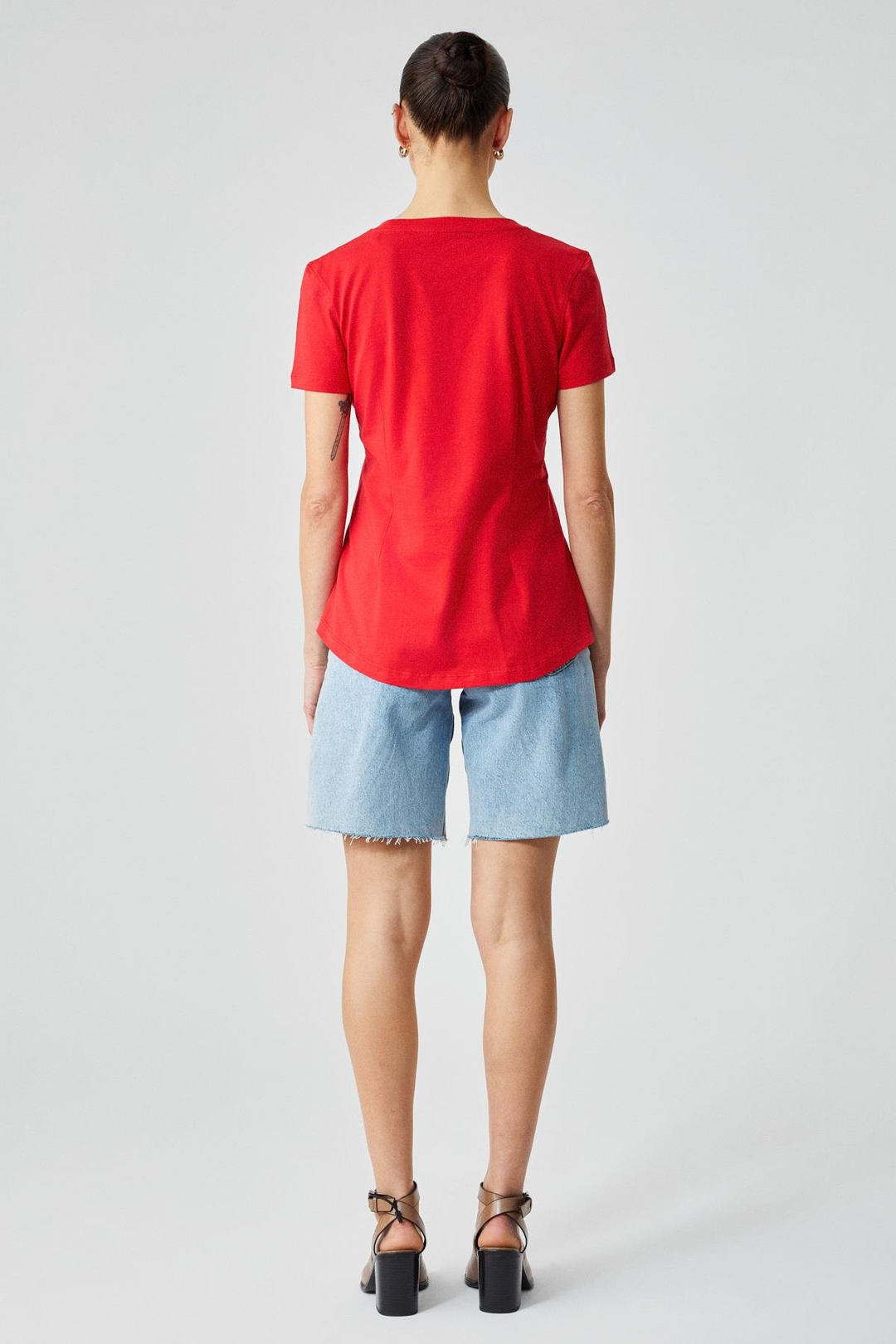 JESSIA Kadın Korse Detaylı %100 Organik Pamuk Bisiklet Yaka Kırmızı T-Shirt