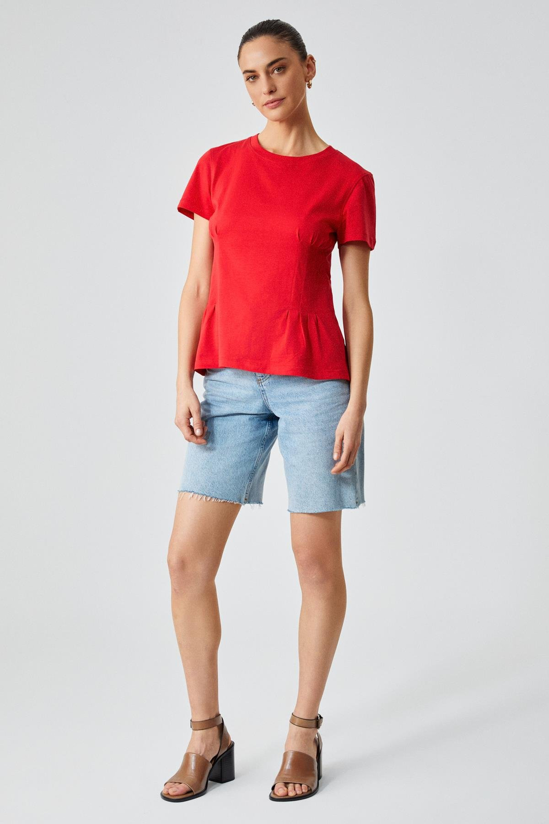 JESSIA Kadın Korse Detaylı %100 Organik Pamuk Bisiklet Yaka Kırmızı T-Shirt