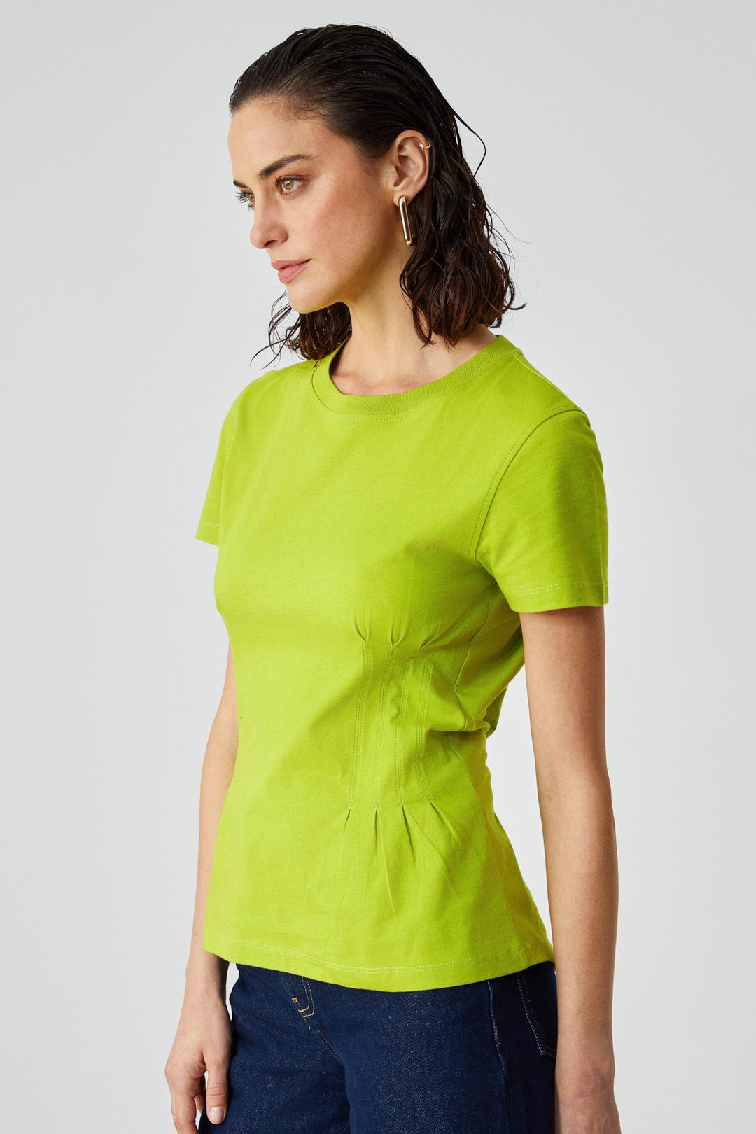 JESSIA Kadın Korse Detaylı %100 Organik Pamuk Bisiklet Yaka Yeşil T-Shirt