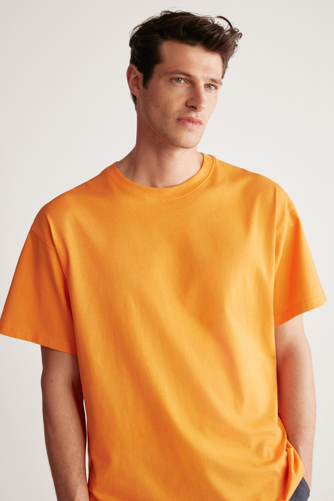 JETT Erkek %100 Organik Pamuklu Kalın Dokulu Oversize Fit Bisiklet Yaka Turuncu T-Shirt
