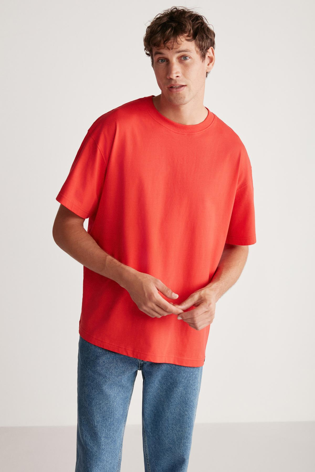 JETT Erkek %100 Organik Pamuklu Kalın Dokulu Oversize Fit Bisiklet Yaka Kırmızı T-Shirt