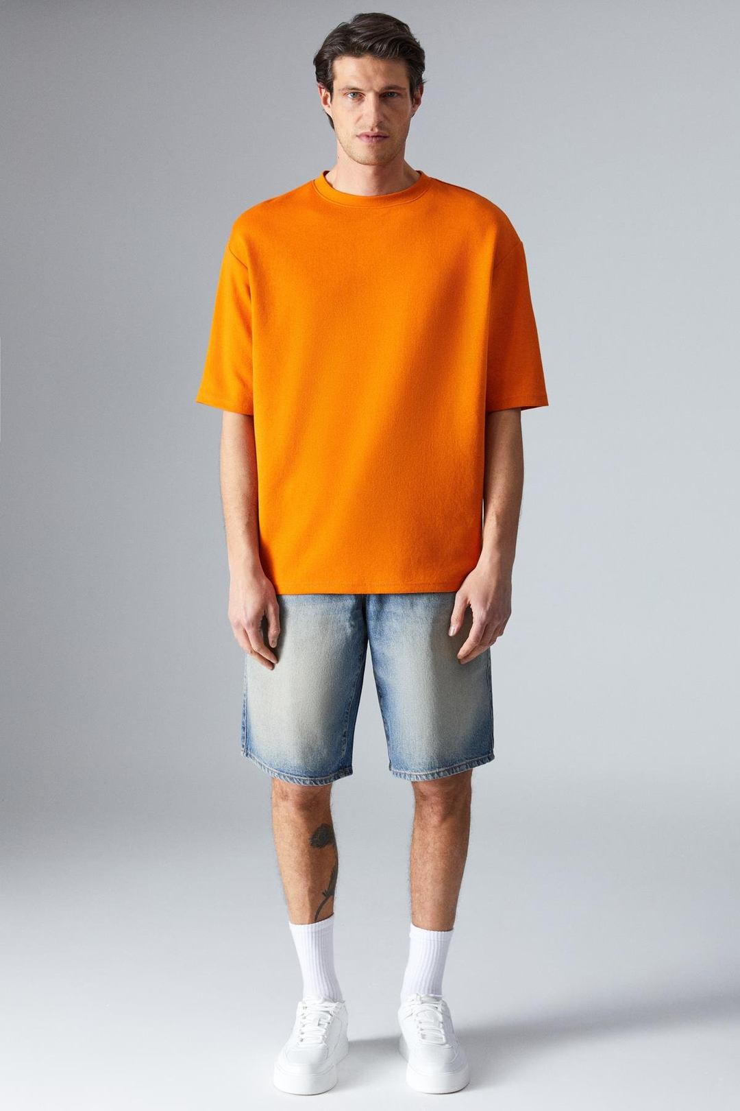 JOEL Erkek %100 Organik Pamuklu Kalın Kumaşlı Özel Dokulu Etiket Detaylı Oversize Turuncu T-Shirt