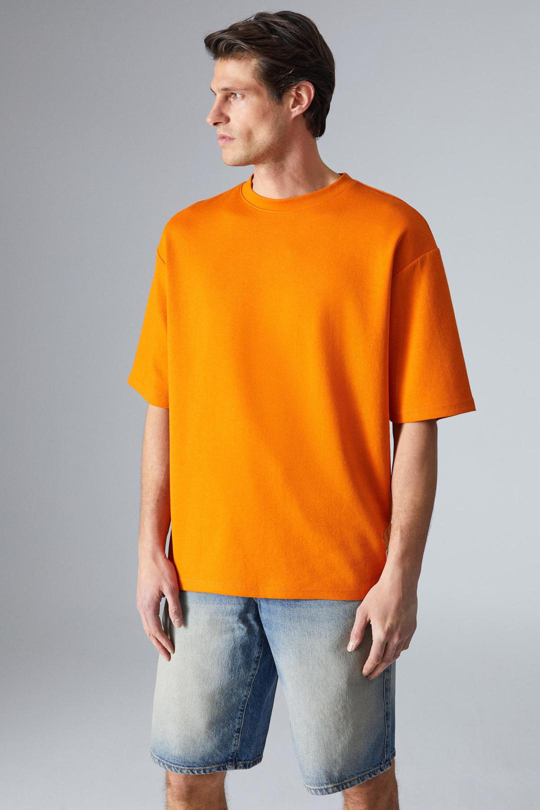 JOEL Erkek %100 Organik Pamuklu Kalın Kumaşlı Özel Dokulu Etiket Detaylı Oversize Turuncu T-Shirt