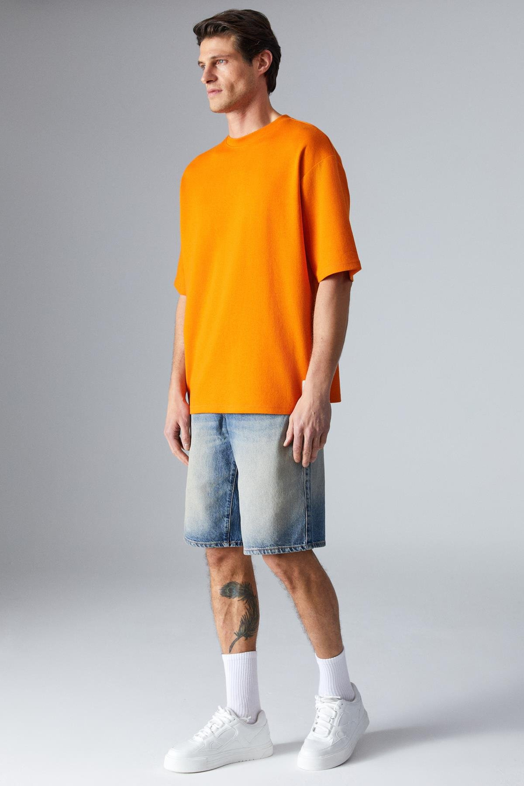 JOEL Erkek %100 Organik Pamuklu Kalın Kumaşlı Özel Dokulu Etiket Detaylı Oversize Turuncu T-Shirt