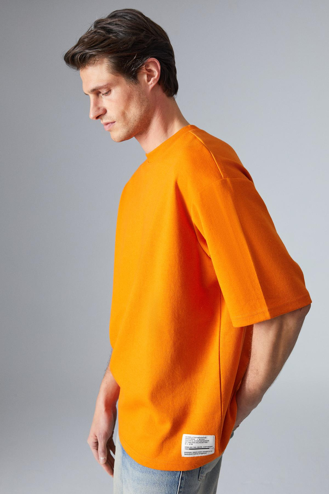 JOEL Erkek %100 Organik Pamuklu Kalın Kumaşlı Özel Dokulu Etiket Detaylı Oversize Turuncu T-Shirt