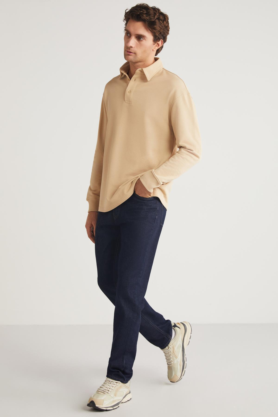 JOHN Erkek Polo Sweat Gömlek Yakalı Arkası Uzun Yırtmaçlı Diagonel Kumaşlı Bej Sweatshirt