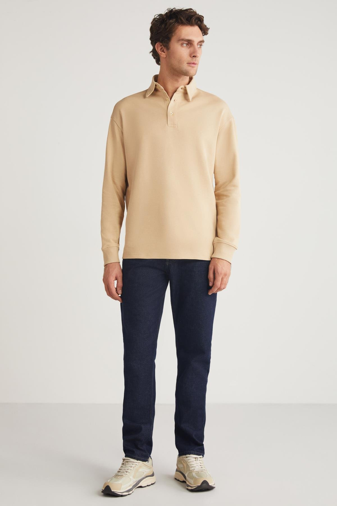 JOHN Erkek Polo Sweat Gömlek Yakalı Arkası Uzun Yırtmaçlı Diagonel Kumaşlı Bej Sweatshirt