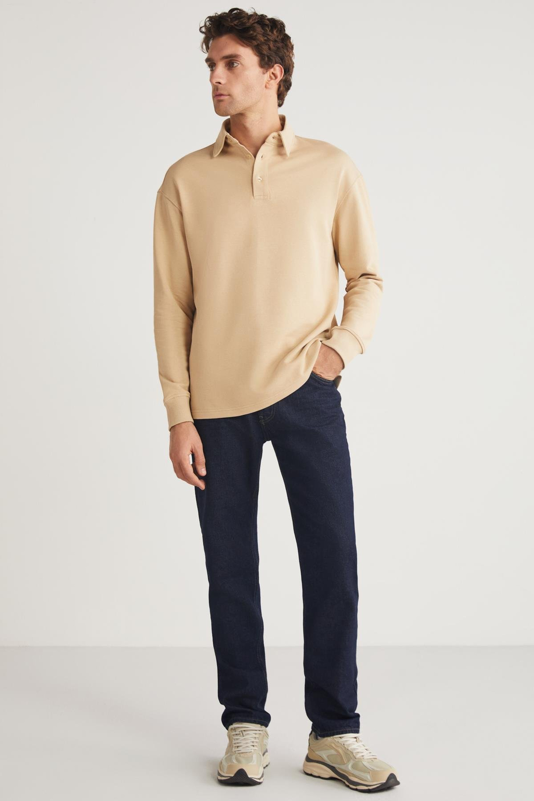 JOHN Erkek Polo Sweat Gömlek Yakalı Arkası Uzun Yırtmaçlı Diagonel Kumaşlı Bej Sweatshirt