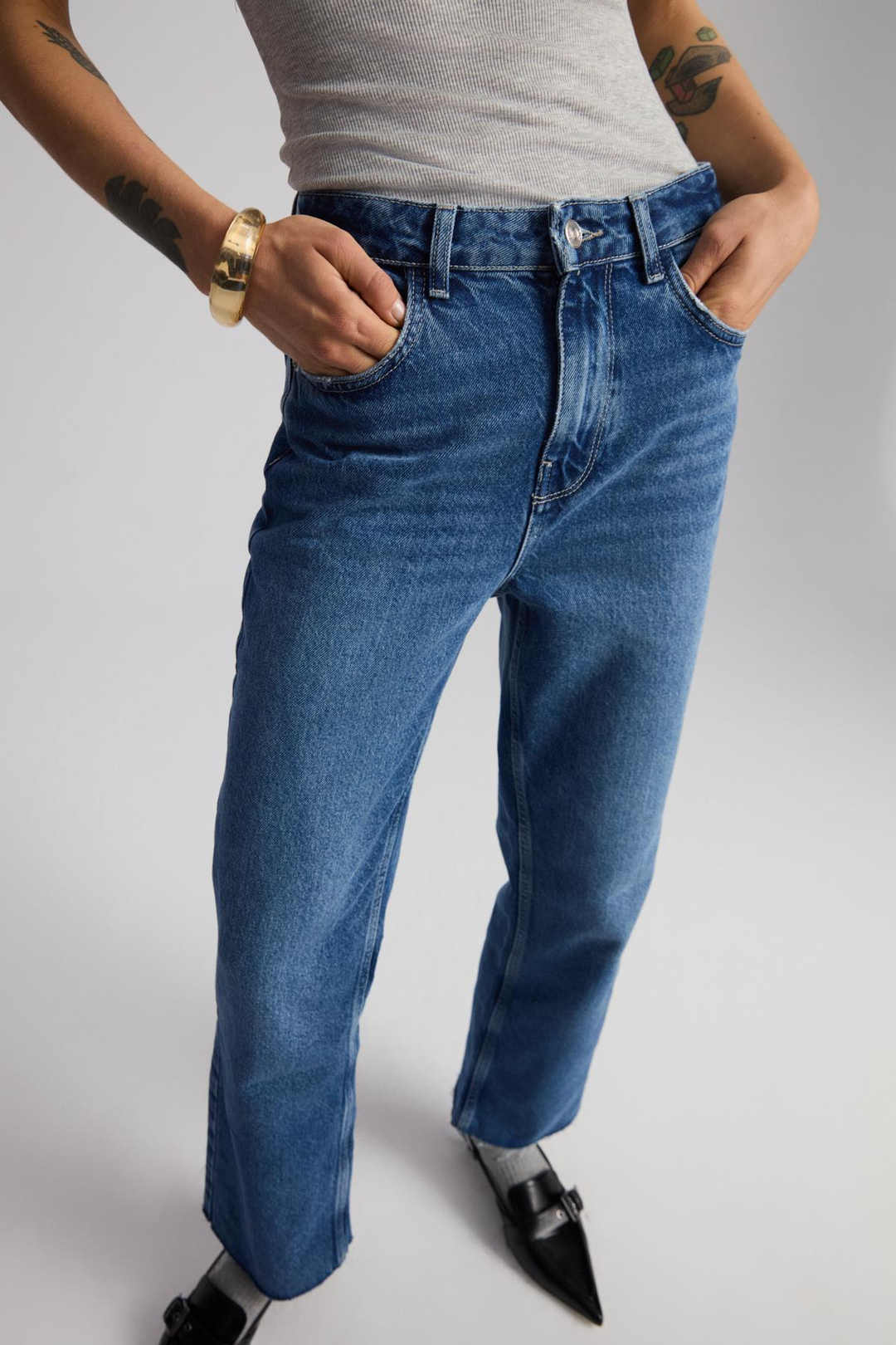 JOLANDA Basic Wide Leg Mavi Tekli Jeans