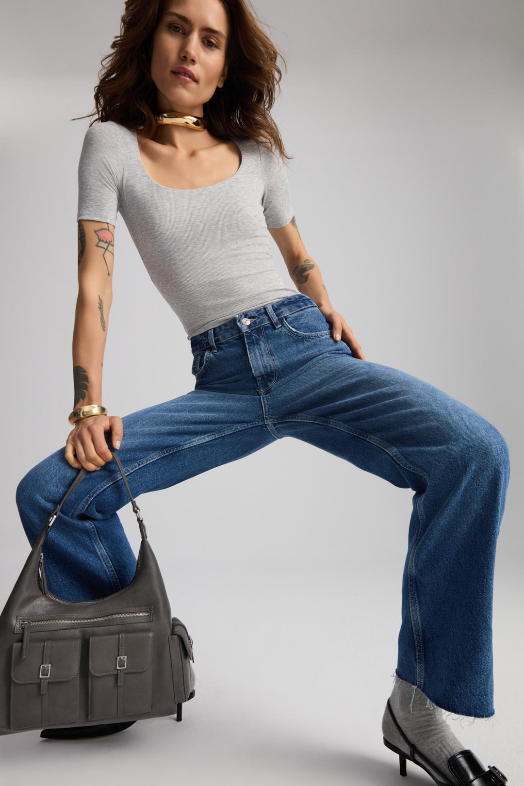 JOLANDA Basic Wide Leg Mavi Tekli Jeans