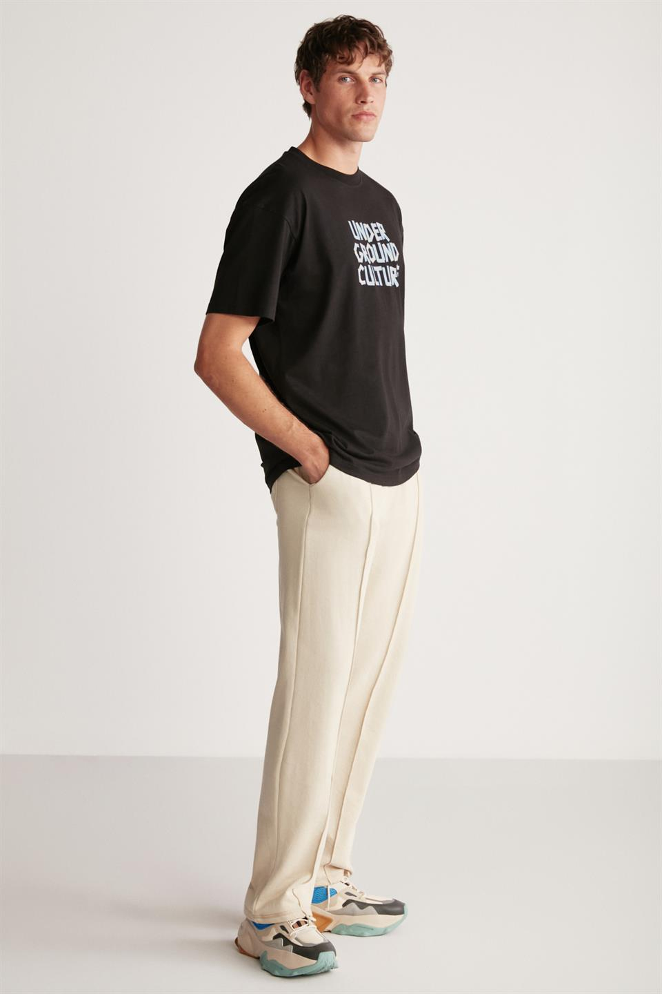 JORDI Örme Oversize Siyah Tekli T-Shirt