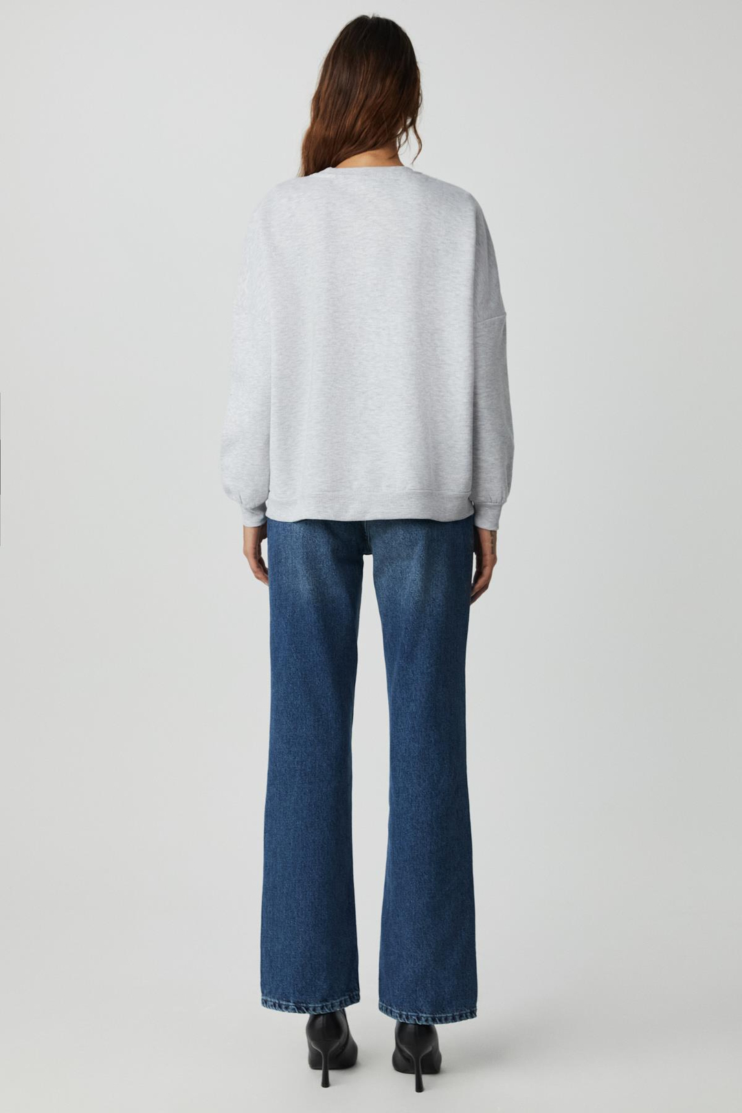 JORDIN Kadın Uzun Kollu Yuvarlak Yaka Önü Aplike Nakışlı Düşük Omuz Oversize Grimelanj Sweatshirt