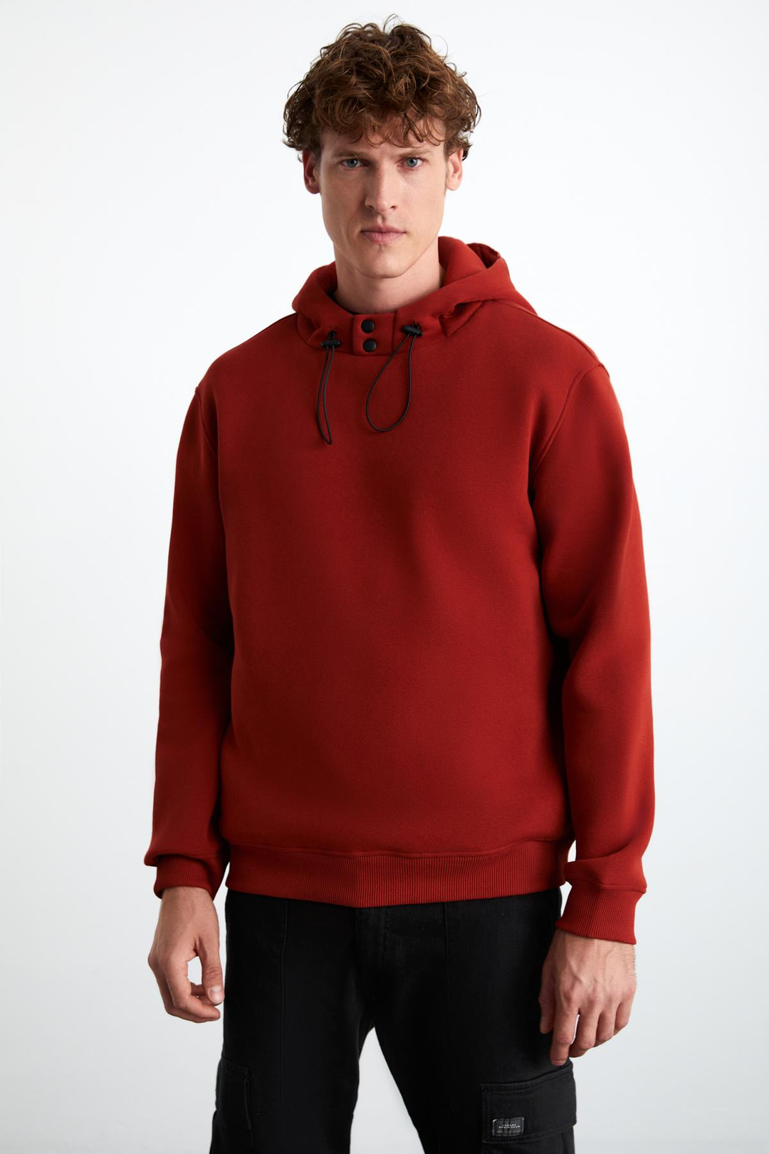 JORNA Erkek 3 İplik İçi Şardonlu Yumuşacık Çıt Çıt Yakalı Regular Kapüşonlu Kiremit Rengi Sweatshirt