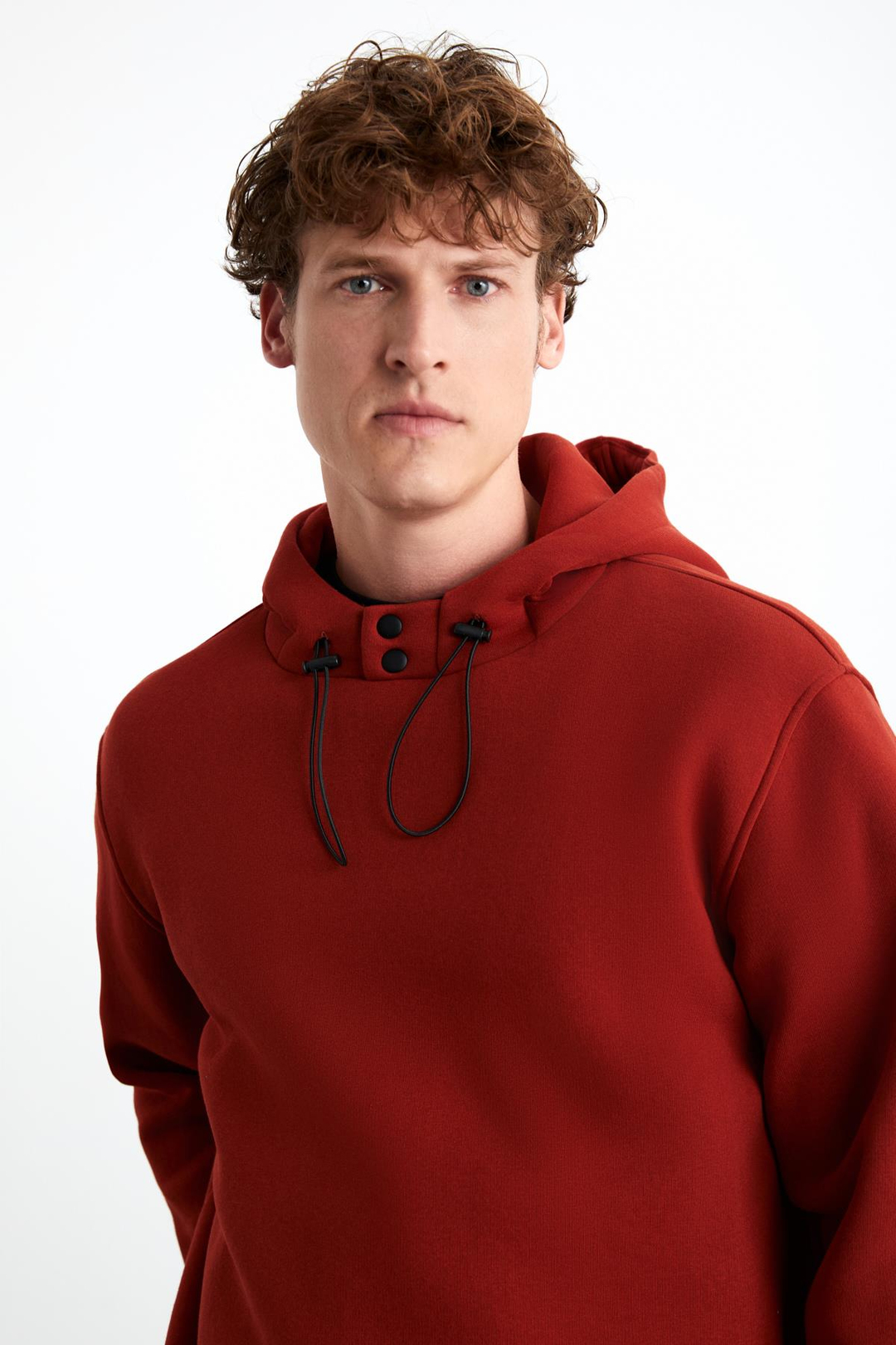 JORNA Erkek 3 İplik İçi Şardonlu Yumuşacık Çıt Çıt Yakalı Regular Kapüşonlu Kiremit Rengi Sweatshirt
