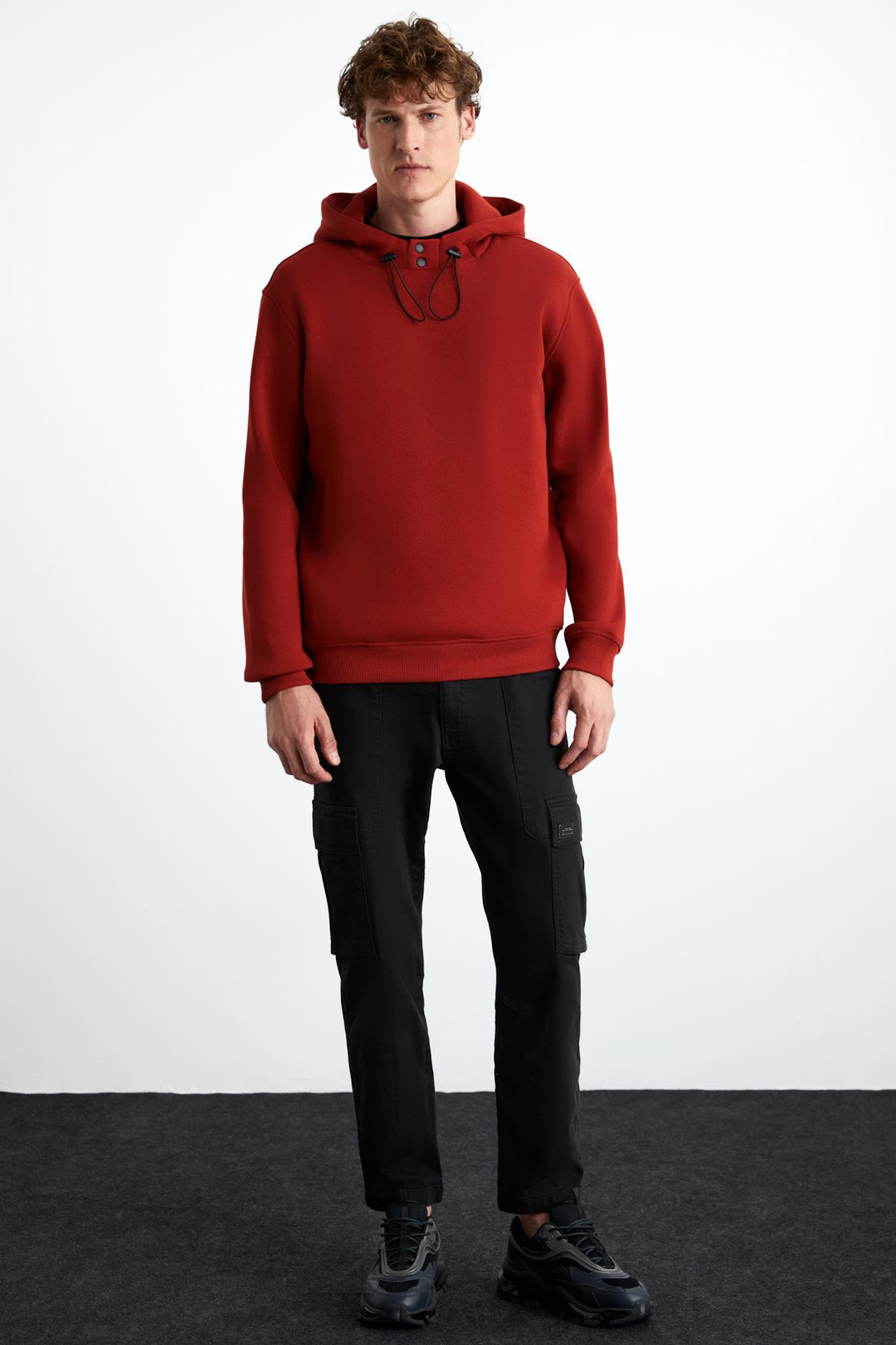 JORNA Erkek 3 İplik İçi Şardonlu Yumuşacık Çıt Çıt Yakalı Regular Kapüşonlu Kiremit Rengi Sweatshirt