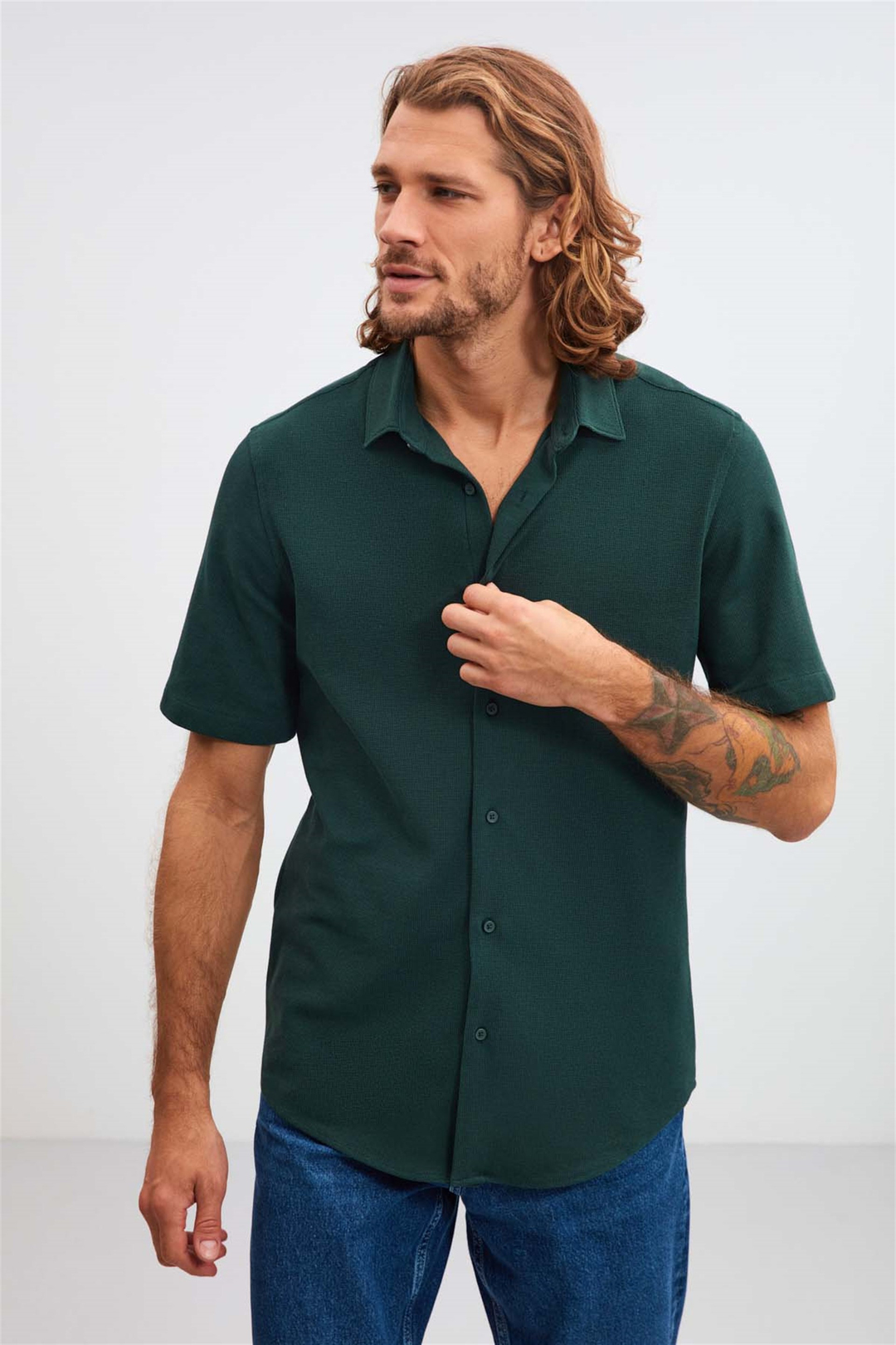 JOSH Dokulu Kumaş Relaxed Fit Yeşil  Gömlek
