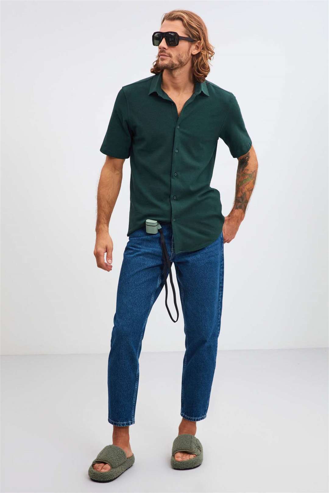 JOSH Dokulu Kumaş Relaxed Fit Yeşil  Gömlek