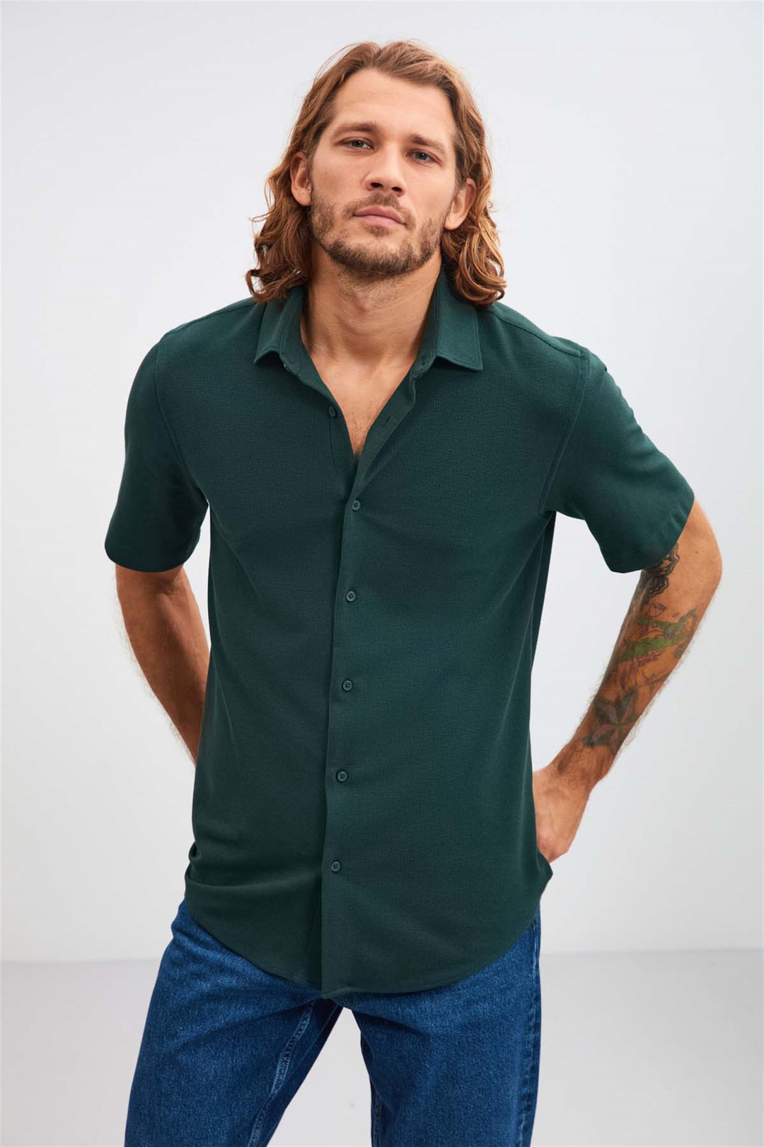JOSH Dokulu Kumaş Relaxed Fit Yeşil  Gömlek