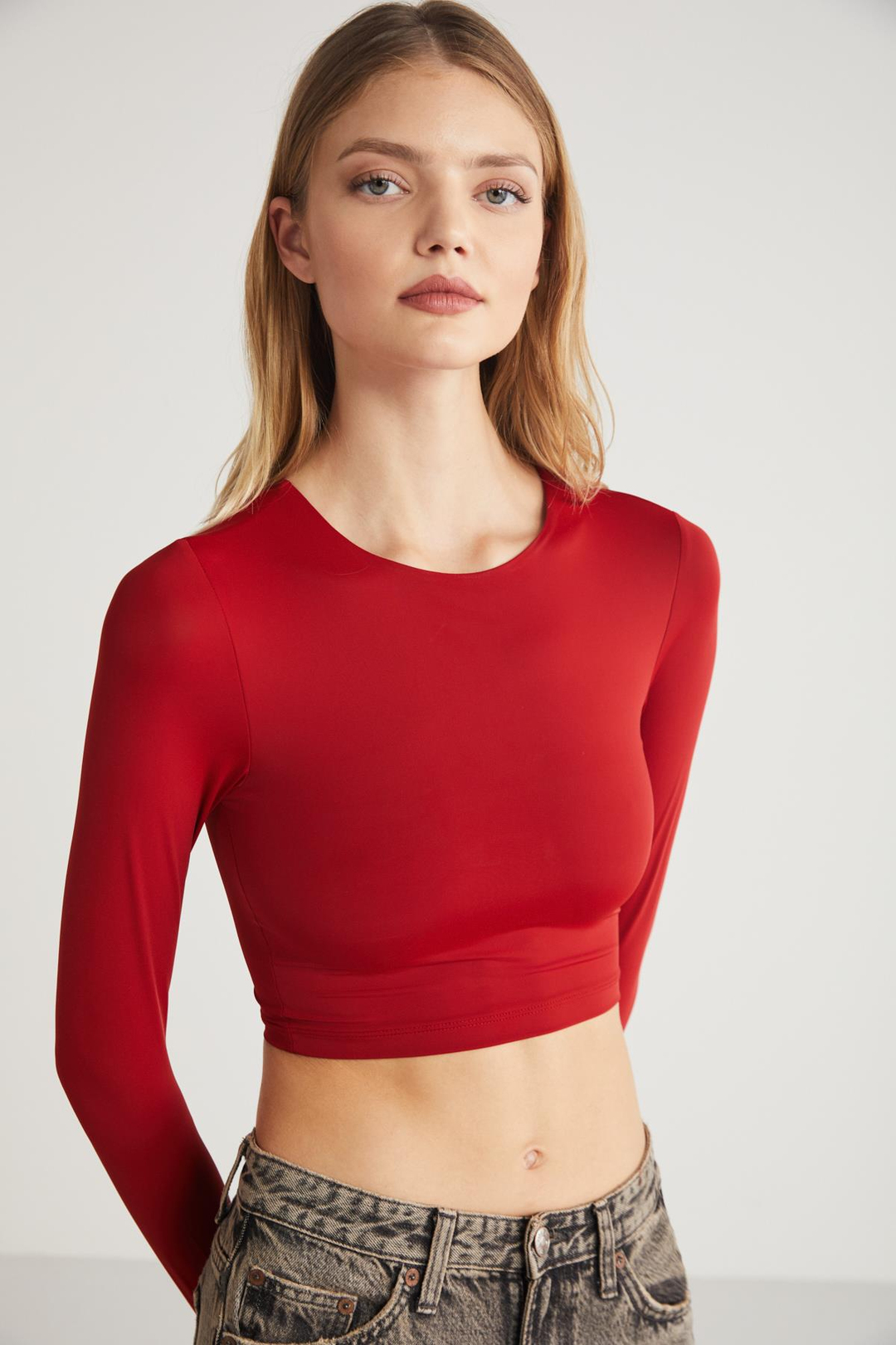 JOVANA Crop Slim Kırmızı Tekli Bluz