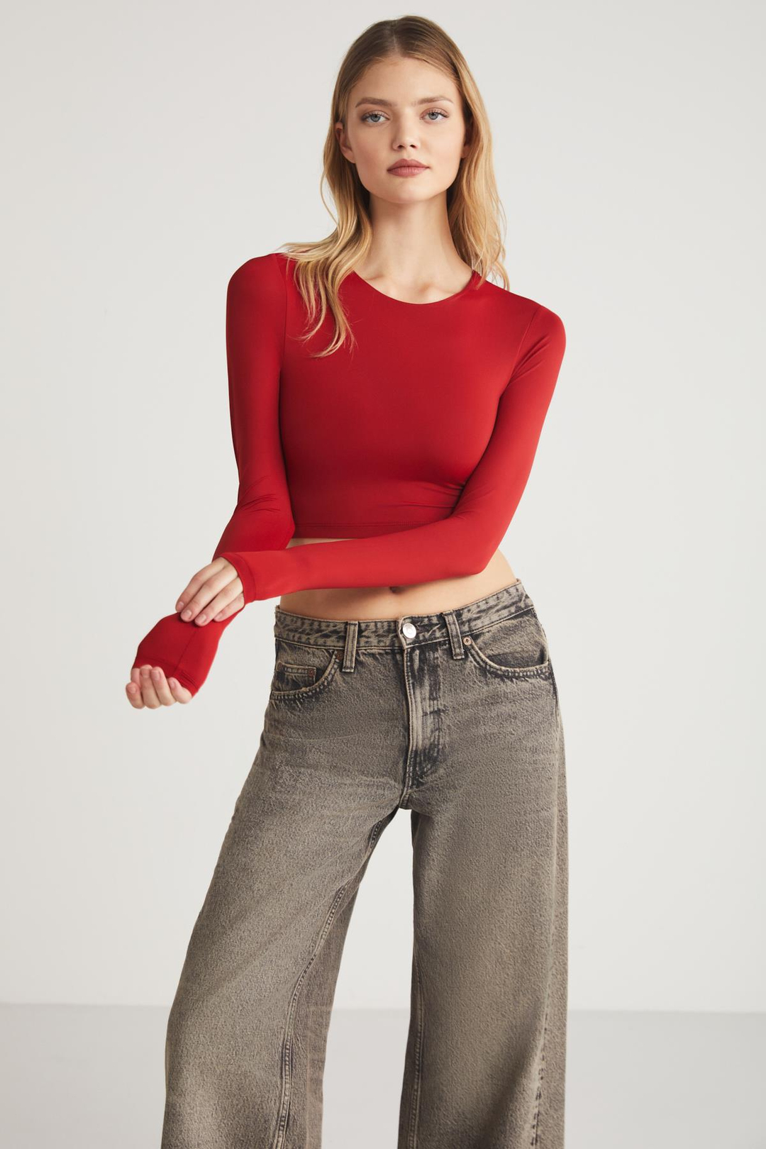 JOVANA Crop Slim Kırmızı Tekli Bluz
