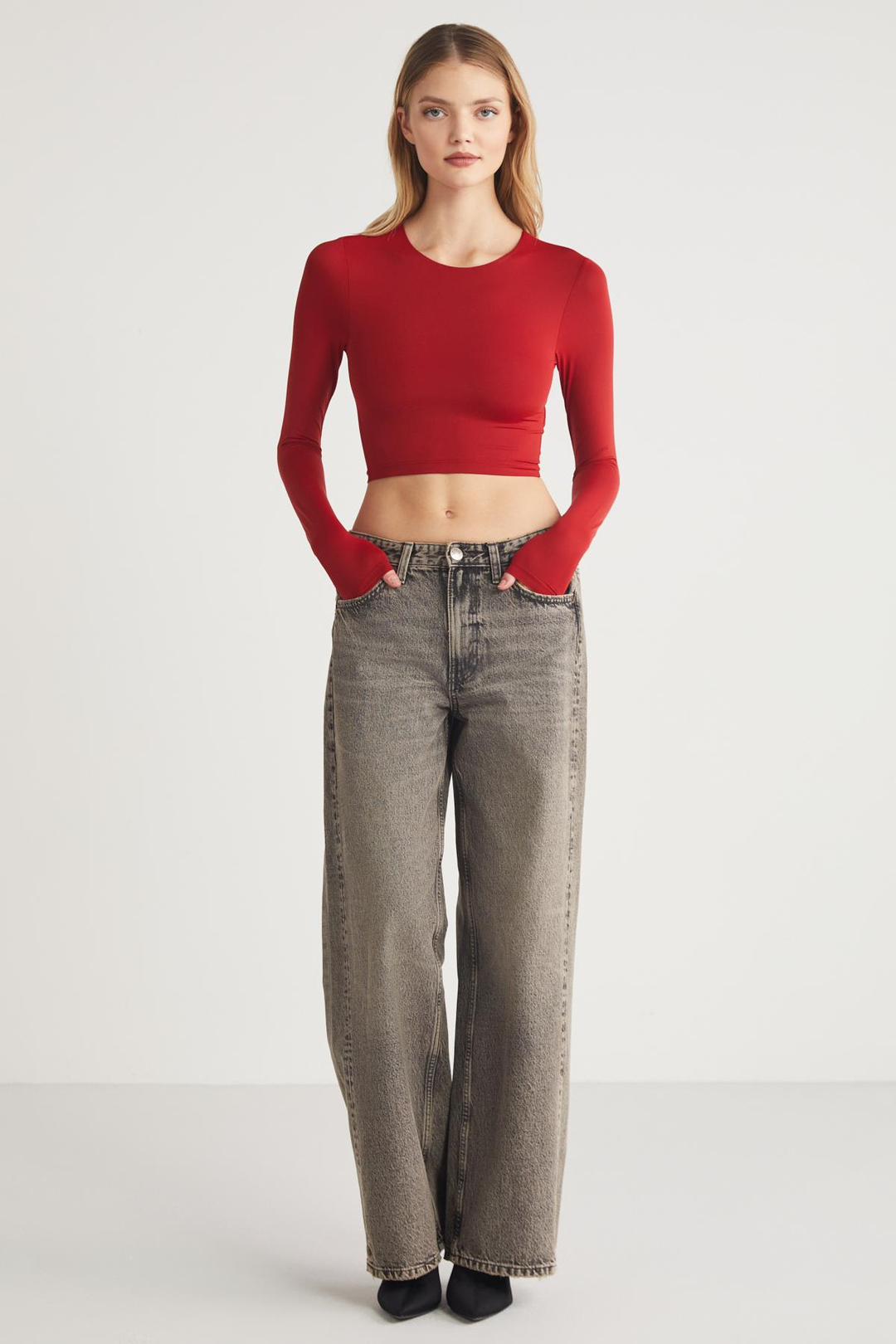 JOVANA Crop Slim Kırmızı Tekli Bluz