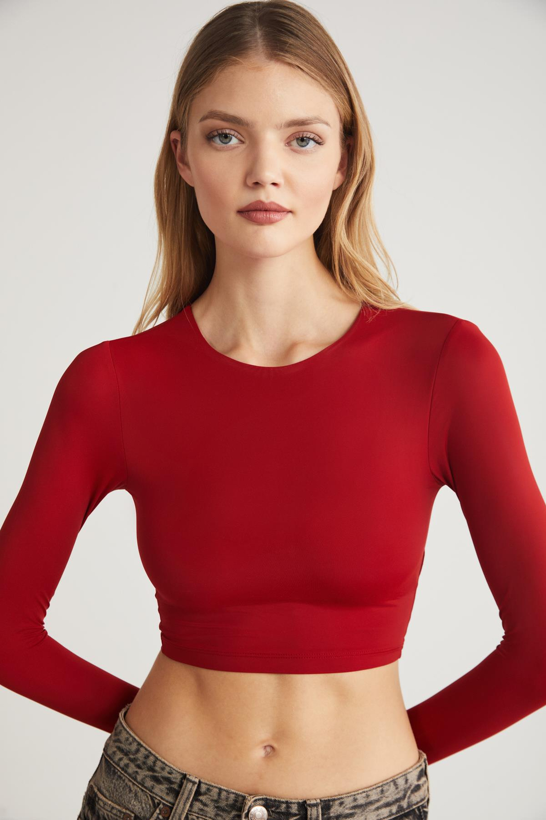 JOVANA Crop Slim Kırmızı Tekli Bluz