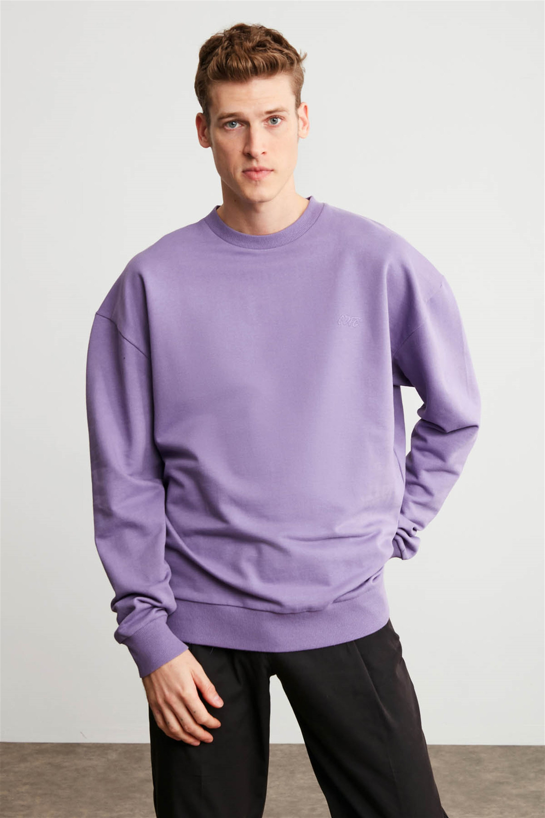KANYE Erkek Mor Nakışlı-İşlemeli Yuvarlak Yaka Oversıze Sweatshirt