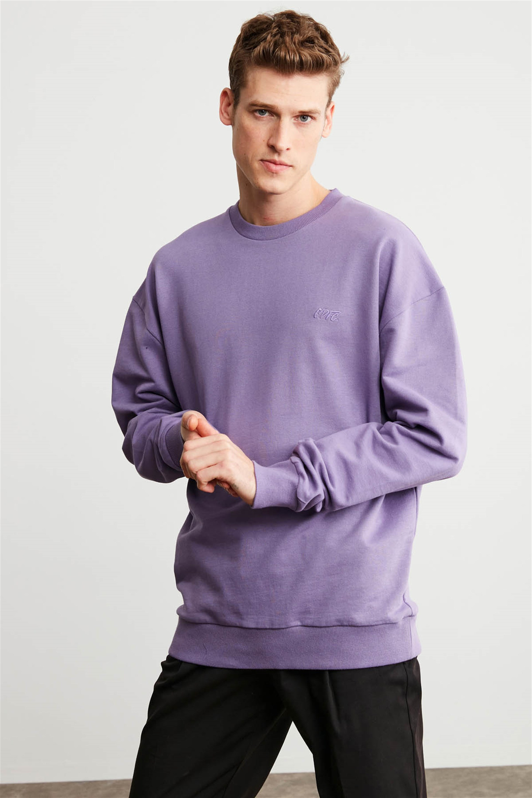 KANYE Erkek Mor Nakışlı-İşlemeli Yuvarlak Yaka Oversıze Sweatshirt