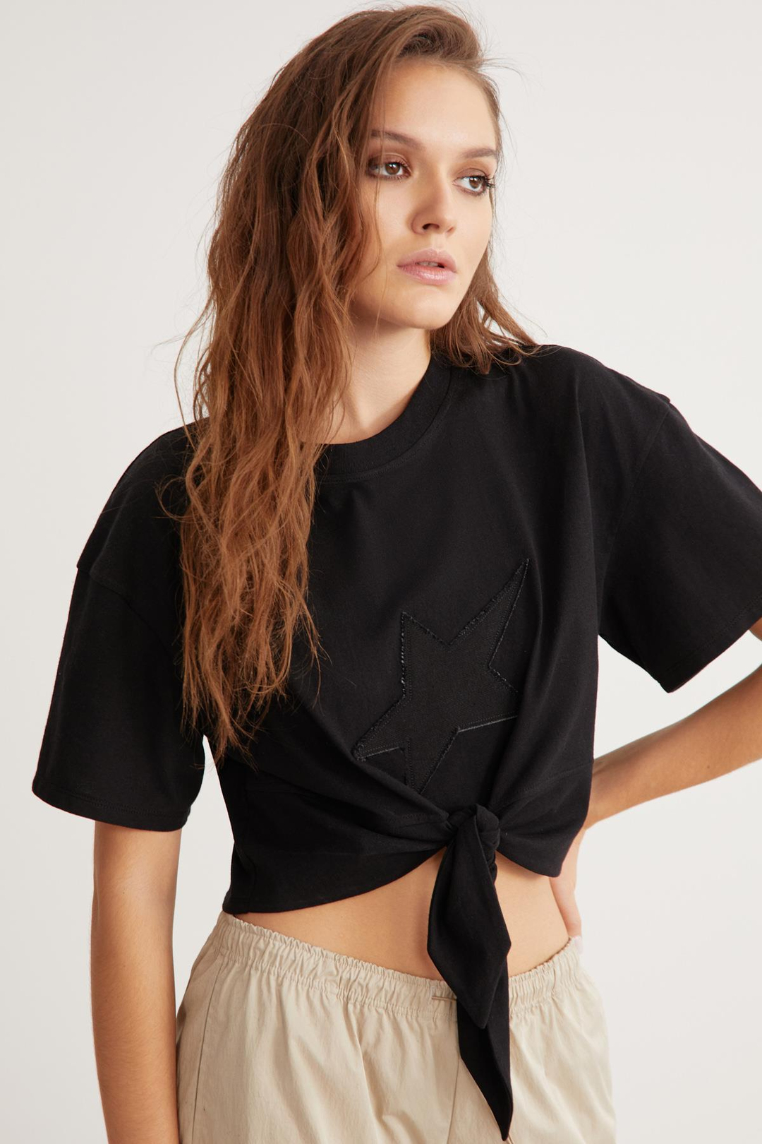 KARLA Crop Relaxed Siyah Tekli T-Shirt