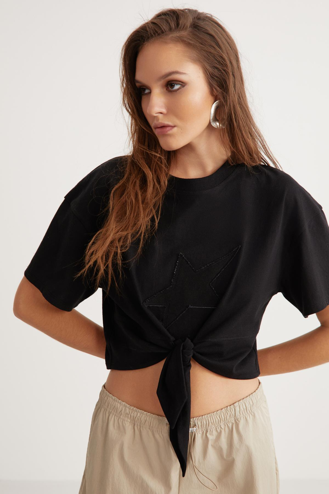 KARLA Crop Relaxed Siyah Tekli T-Shirt