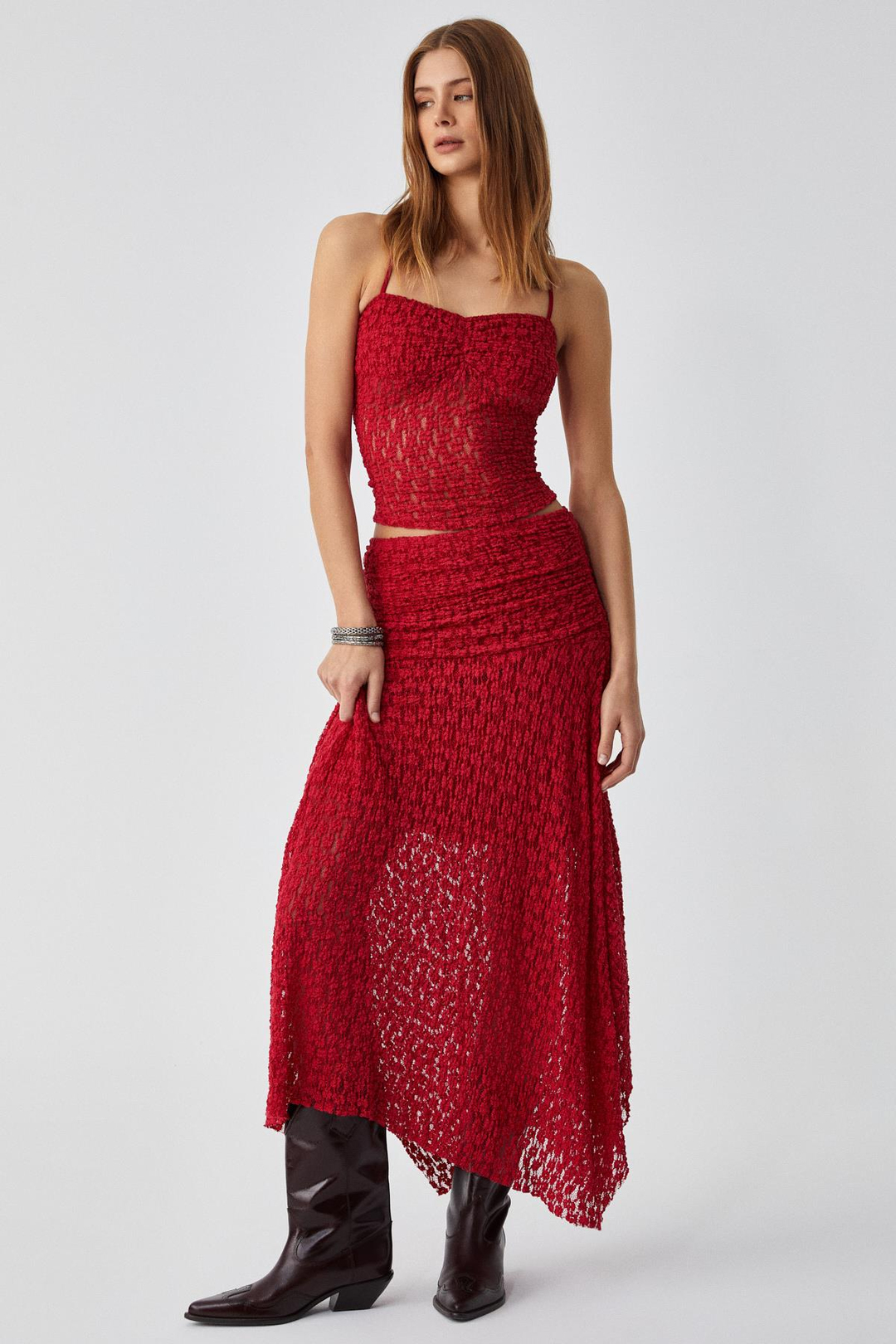 KARMA Kadın Oversize Lastikli Yüksek Bel Uzun Kırmızı Etek