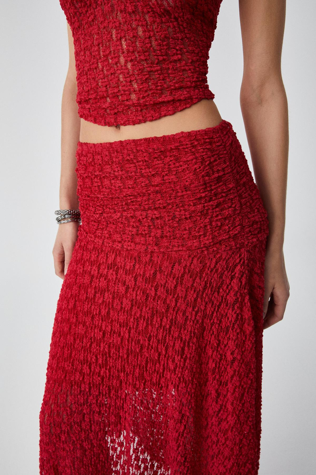 KARMA Kadın Oversize Lastikli Yüksek Bel Uzun Kırmızı Etek