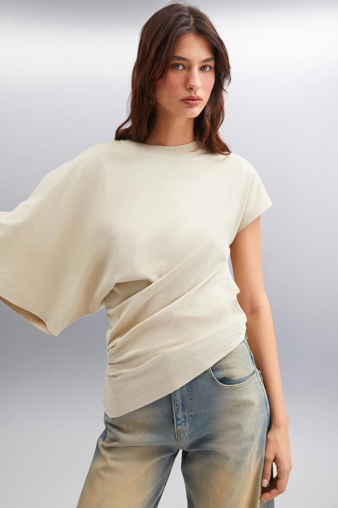 KATIE Asimetrik Relaxed Gri Tekli T-Shirt