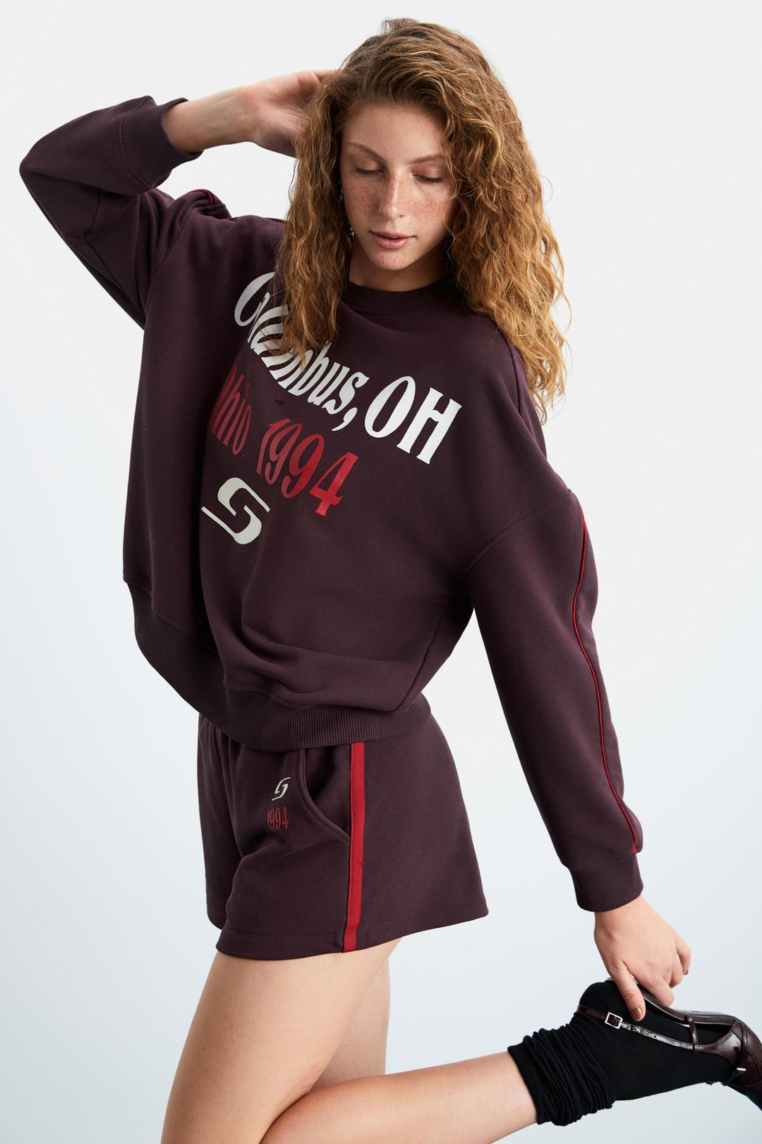 KEIRY Kadın 3 İplik İçi Şardonlu Önü Baskı Detaylı Bisiklet Yaka Koyu Mor Sweatshirt