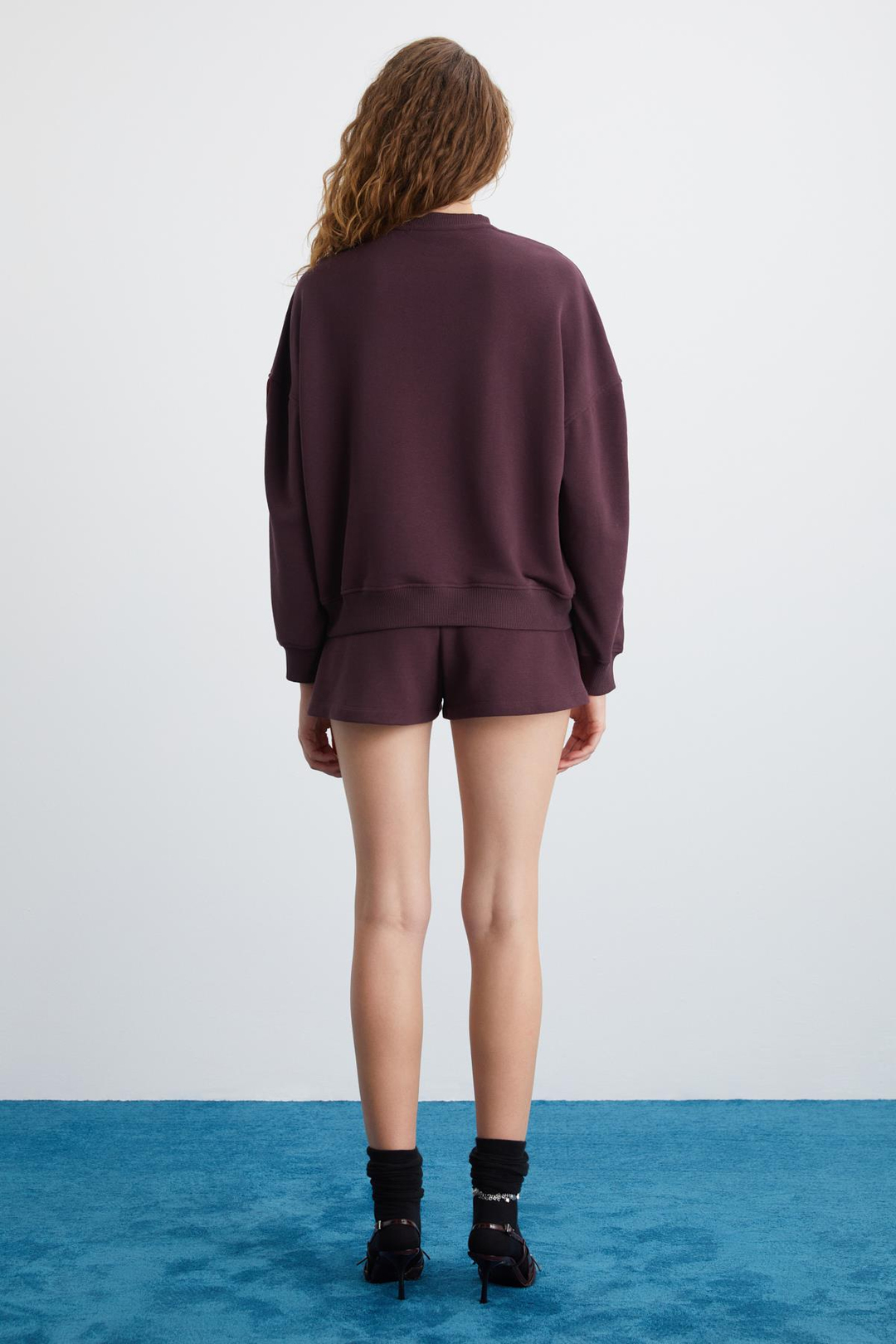 KEIRY Kadın 3 İplik İçi Şardonlu Önü Baskı Detaylı Bisiklet Yaka Koyu Mor Sweatshirt