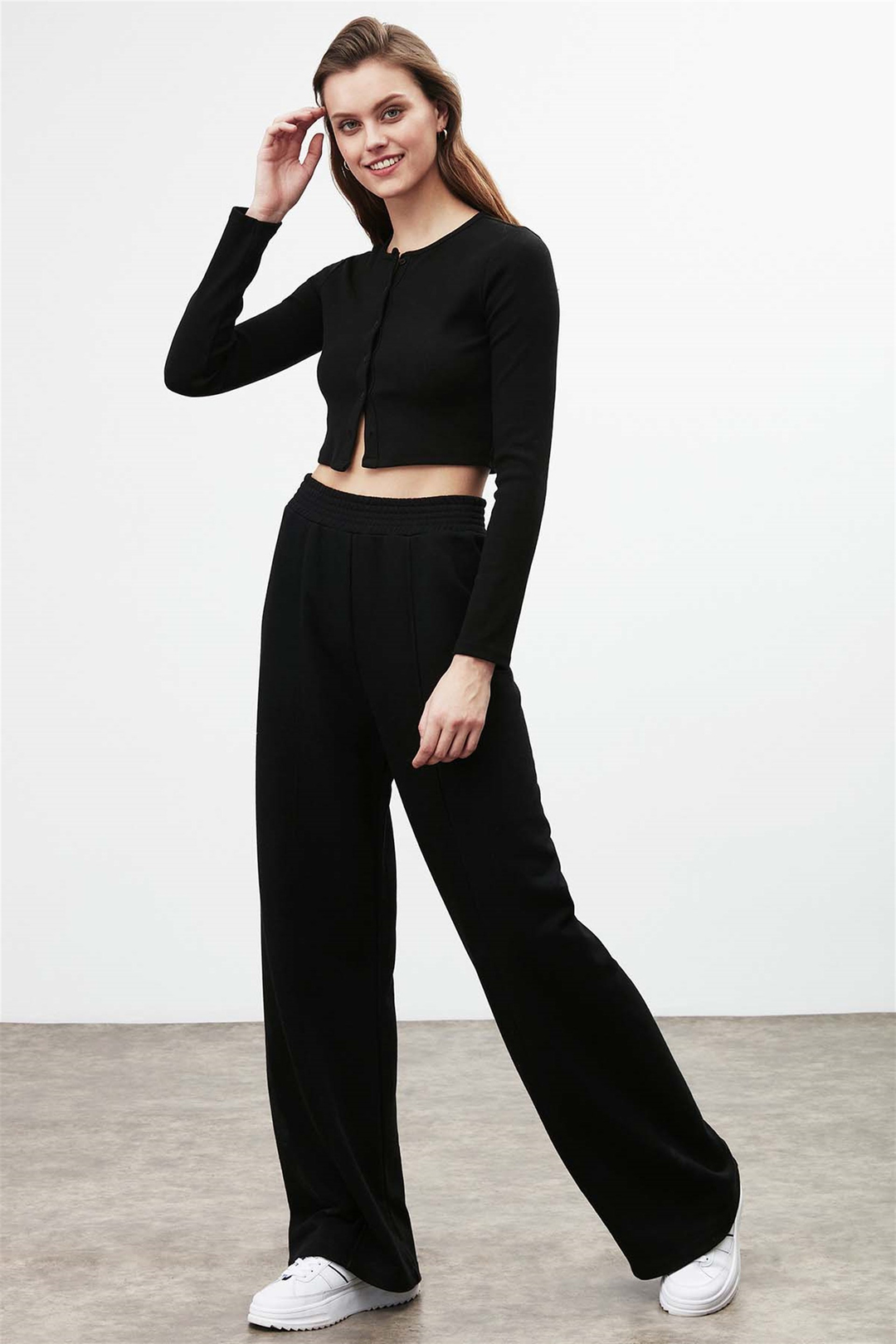 KENDRA Kaşkorse Crop Fit Siyah  Bluz