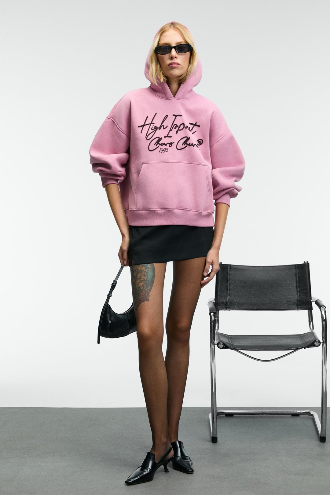 KIKRES Kadın Kapüşonlu Nakış Detaylı Oversize Koyu Pembe Sweatshirt